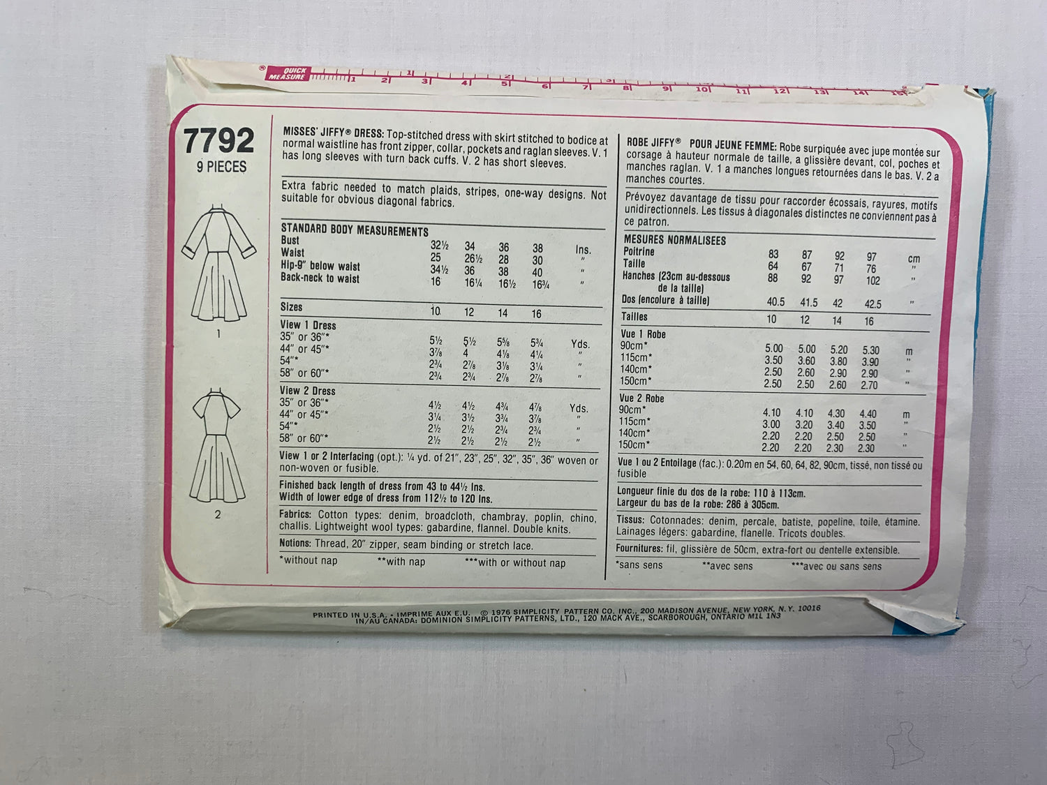 Simplicity 7792 Jiffy Misses' Dress, Size 14, Cut, Vintage 1976