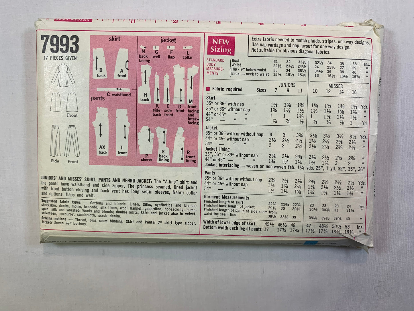 Simplicity 7993 Misses' Juniors' Nehru Jacket, Skirt, Pants, Size 12, Cut, Vintage 1968