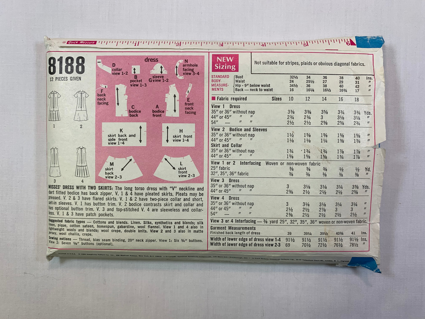 Simplicity 8188 Misses' Dress, Skirt, Size 14, Cut, Vintage 1969