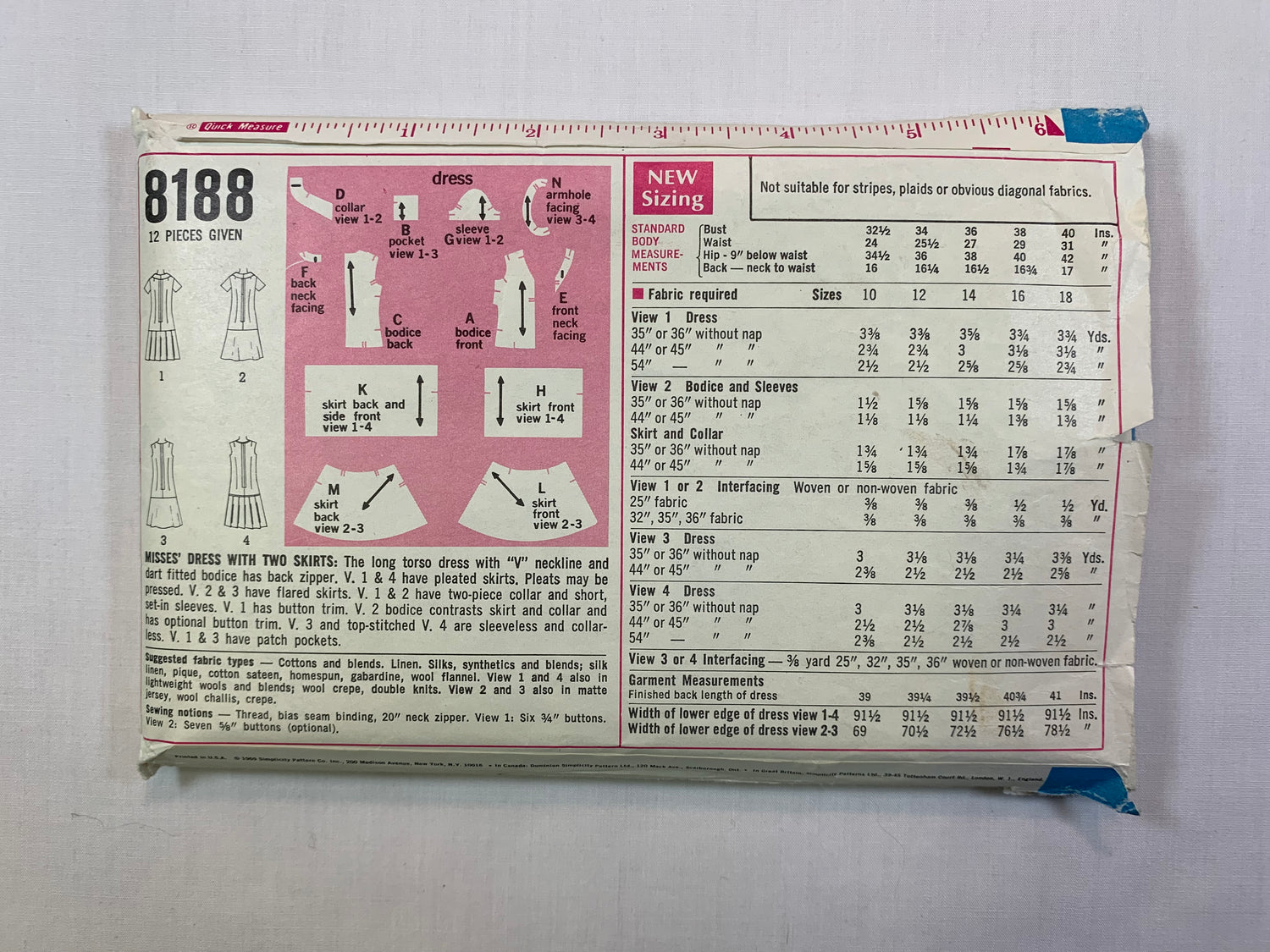 Simplicity 8188 Misses' Dress, Skirt, Size 14, Cut, Vintage 1969
