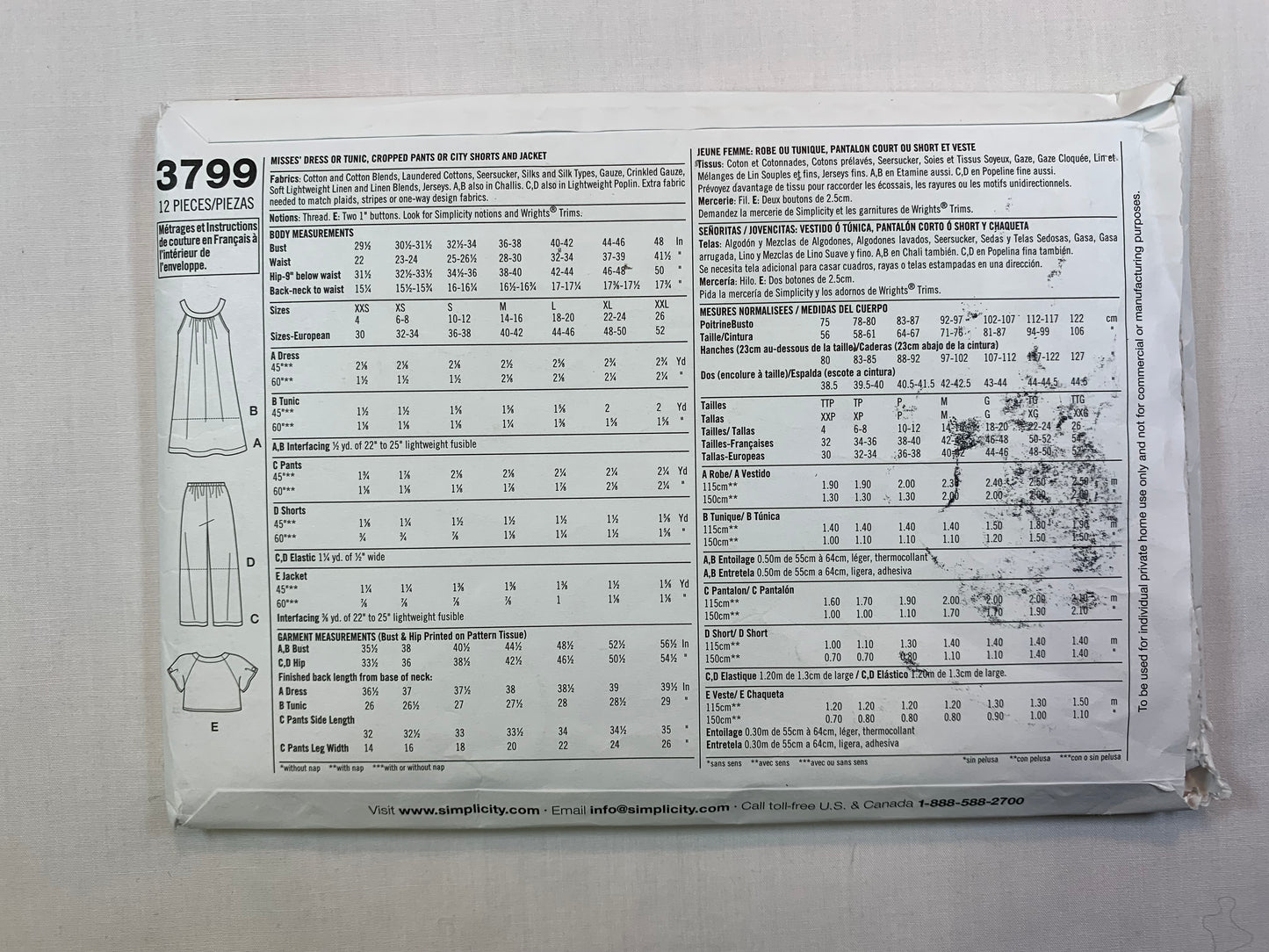 Simplicity Sewing Pattern 3799 Misses' Dress, Tunic, Cropped Pants, Shorts, Jacket, Size 4-16, Cut, 2007