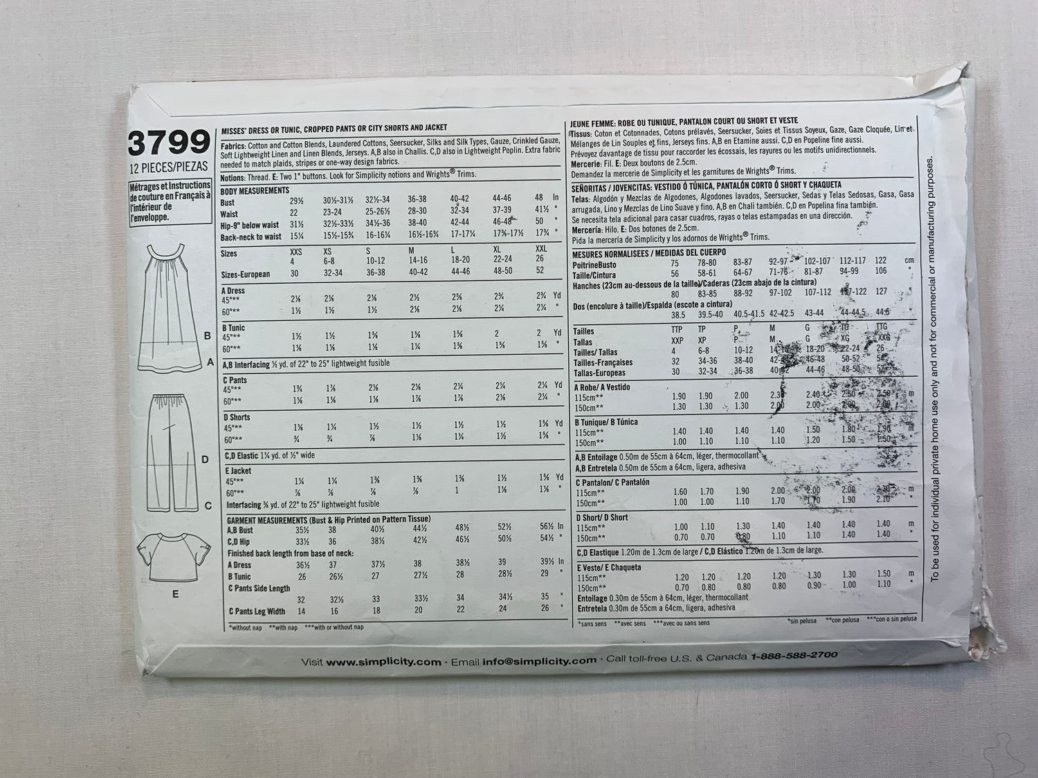 Simplicity Sewing Pattern 3799 Misses' Dress, Tunic, Cropped Pants, Shorts, Jacket, Size 4-16, Cut, 2007