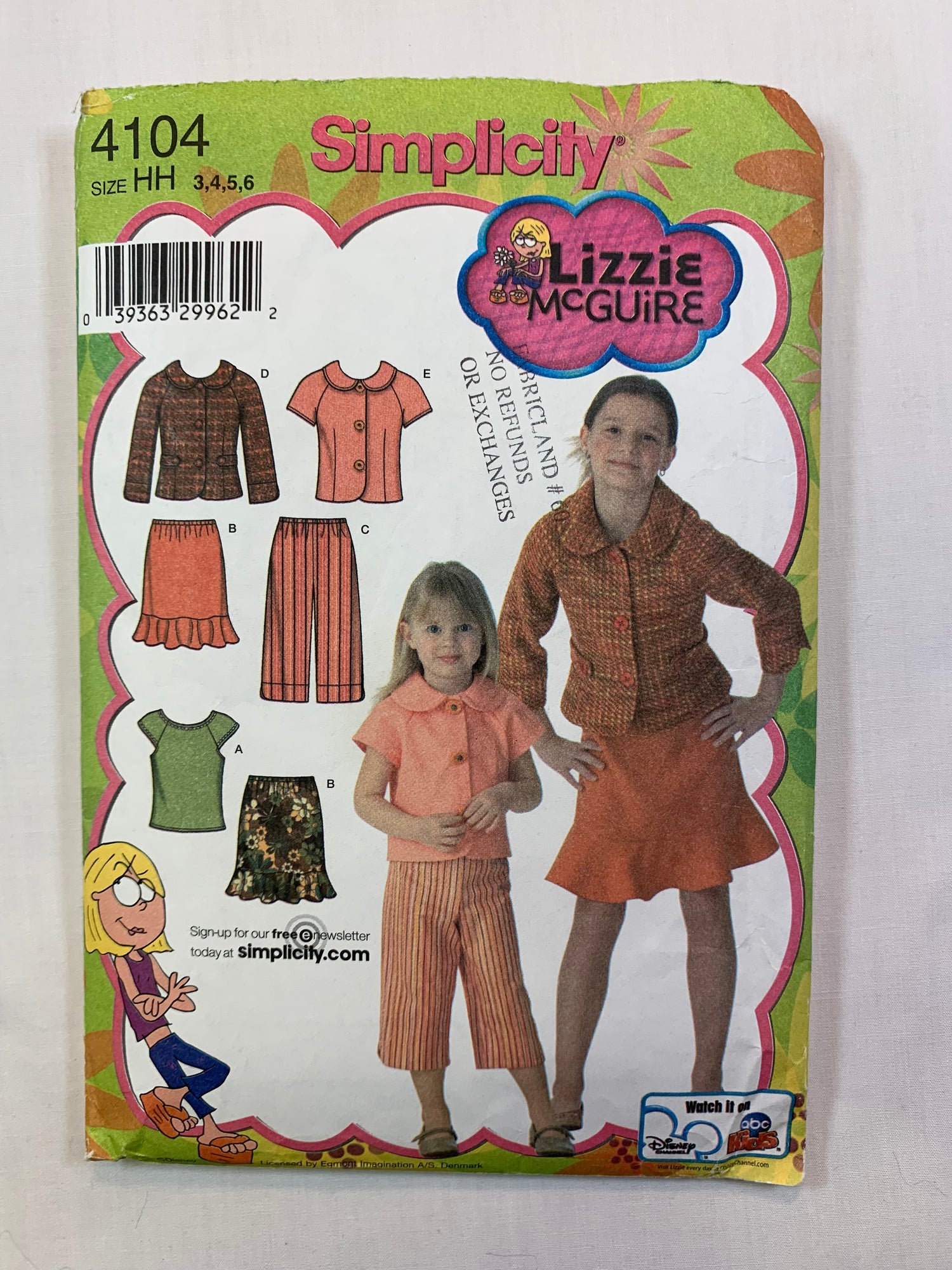 Simplicity 4104 Lizzie McGuire, Girls' Top, Skirt, Cropped Pants, Jacket, Size 3-6, Cut