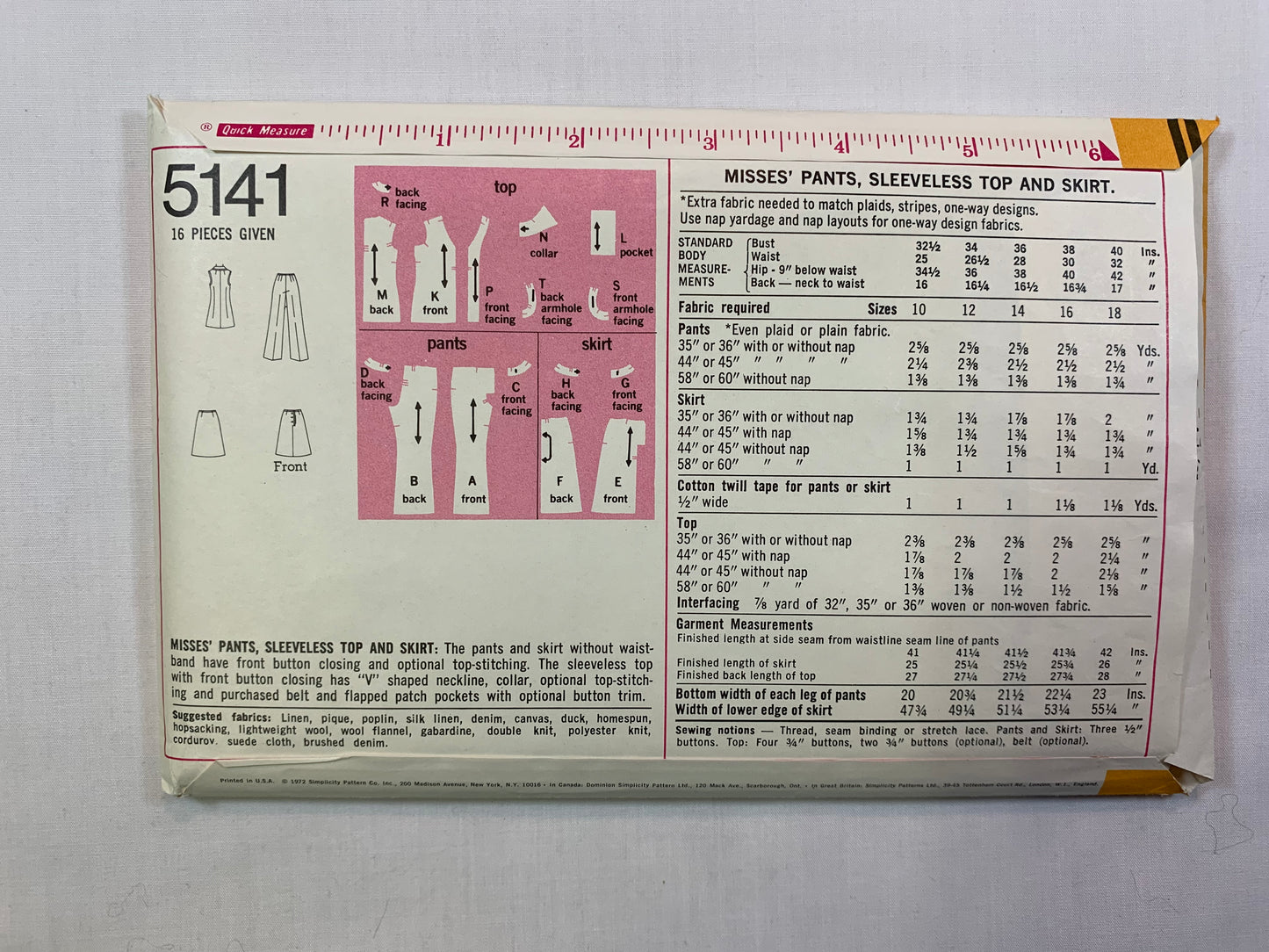 Simplicity 5141 Misses' Pants, Top, Skirt, Size 12, Cut, Vintage 1972