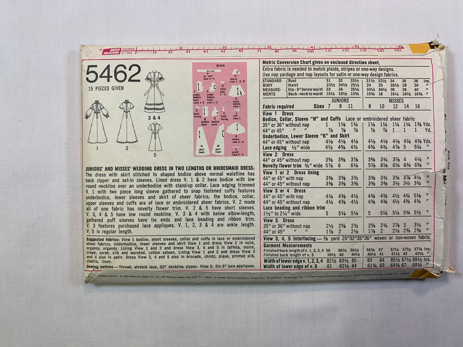 Simplicity 5462 Misses' Wedding Dress, Bridesmaid Dress, Size 14, Cut, Vintage 1972