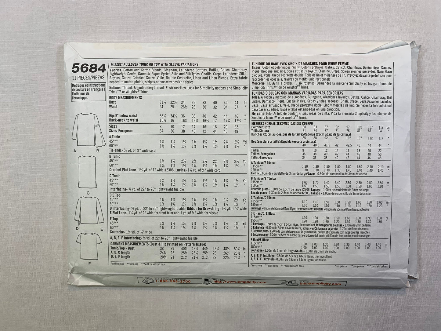 Simplicity 5684 Misses' Pullover Tunic, Size 8-14, Cut, 2003