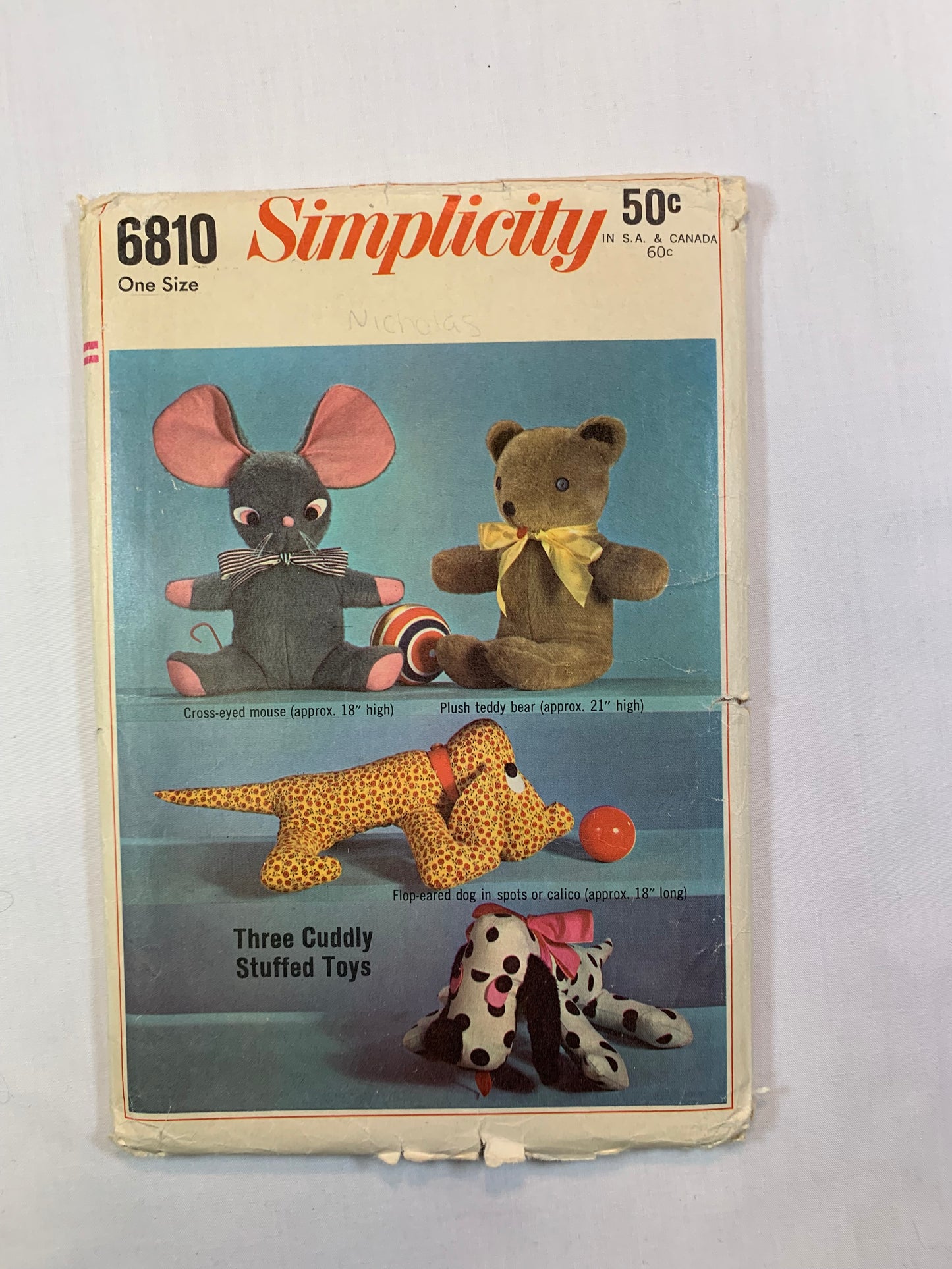 Simplicity Sewing Pattern 6810 Crafts, Stuffed Animals, Mouse, Toys, Teddy Bear, Puppy, Cut, Vintage 1966