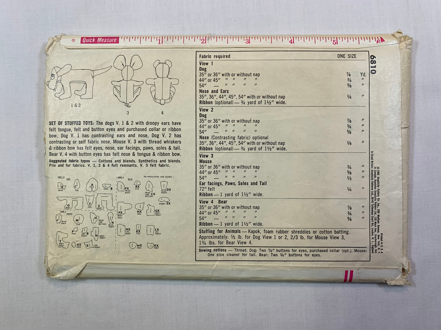 Simplicity Sewing Pattern 6810 Crafts, Stuffed Animals, Mouse, Toys, Teddy Bear, Puppy, Cut, Vintage 1966