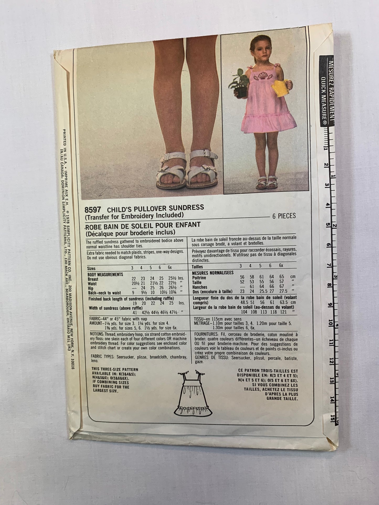 Simplicity Sewing Pattern 8597 Girls' SunDress, Sleeveless, Size 3-4, Cut, Vintage 1978