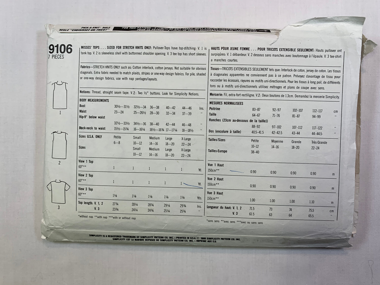 Simplicity 9106 Misses' Top, Size 14-16, Cut, Vintage 1989