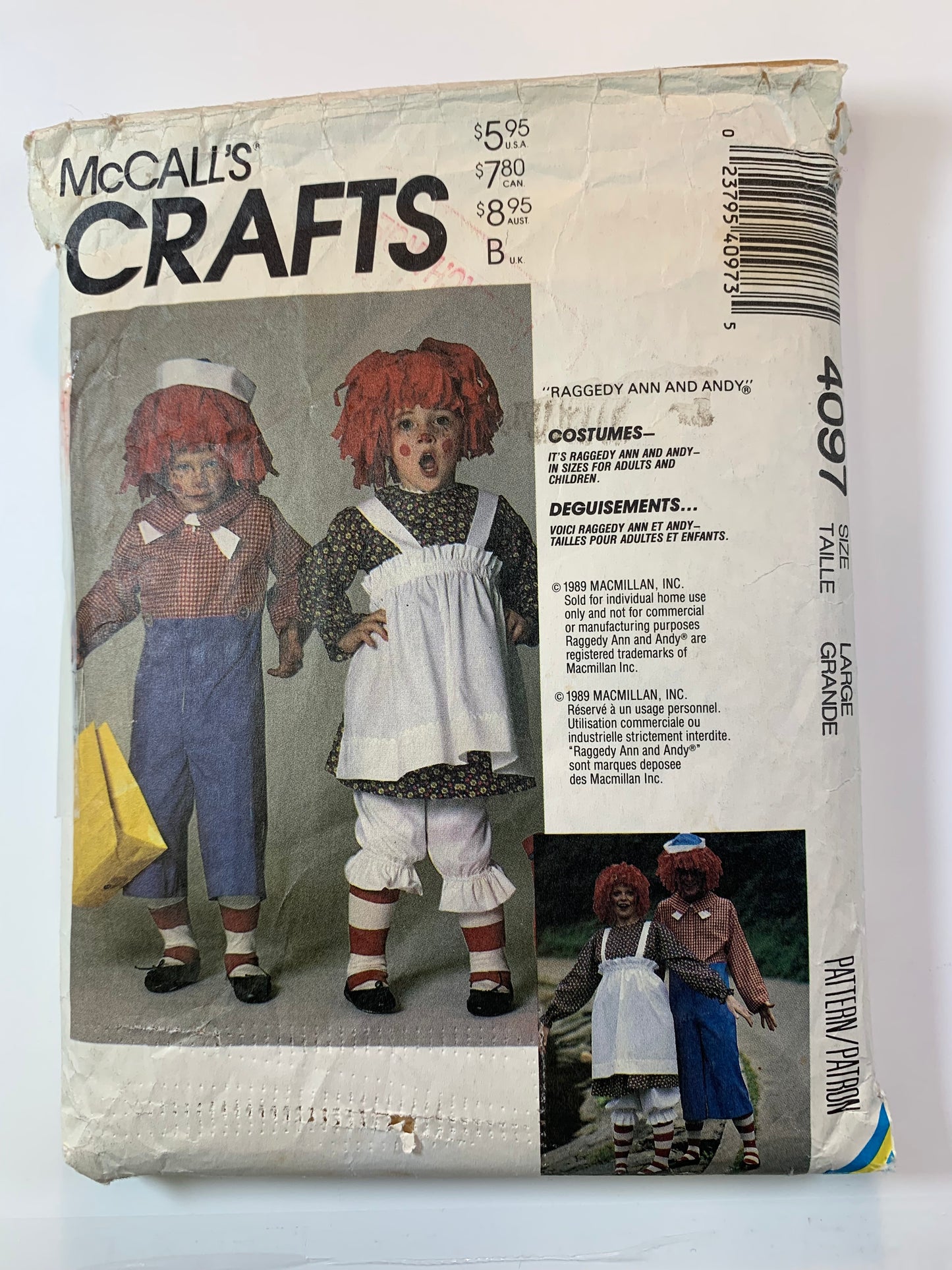 McCall's 4097 Crafts Costumes Halloween, Misses' Men's Raggedy Ann, Andy Size 40-42, Cut, Vintage 1989