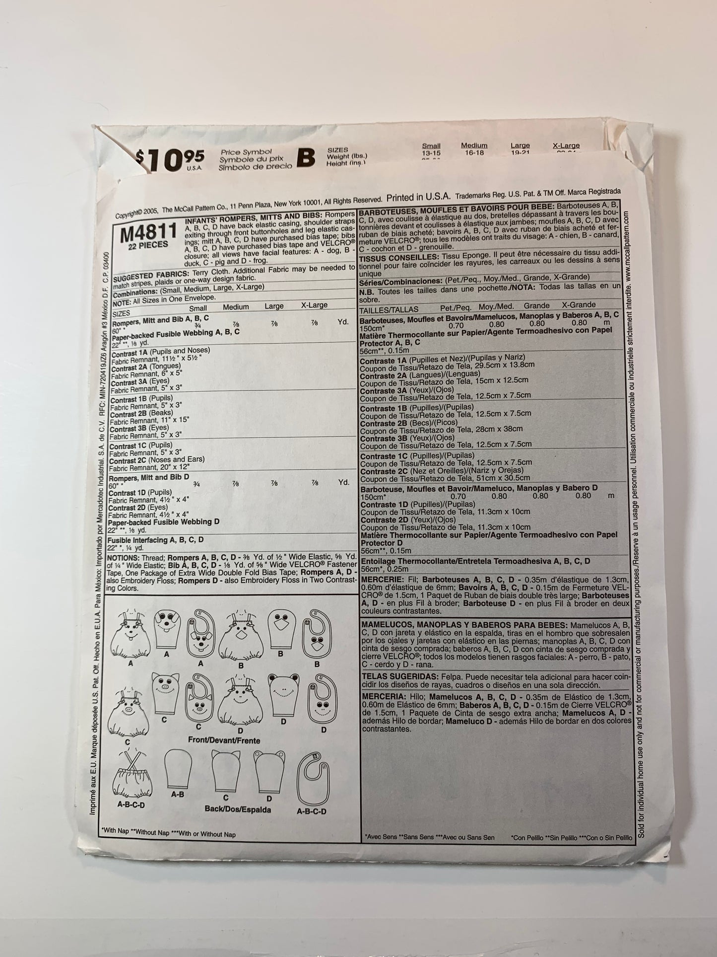 McCall's M4811 Infants' Rompers, Mitts, Bibs,, Size S-XL, Uncut, 2005