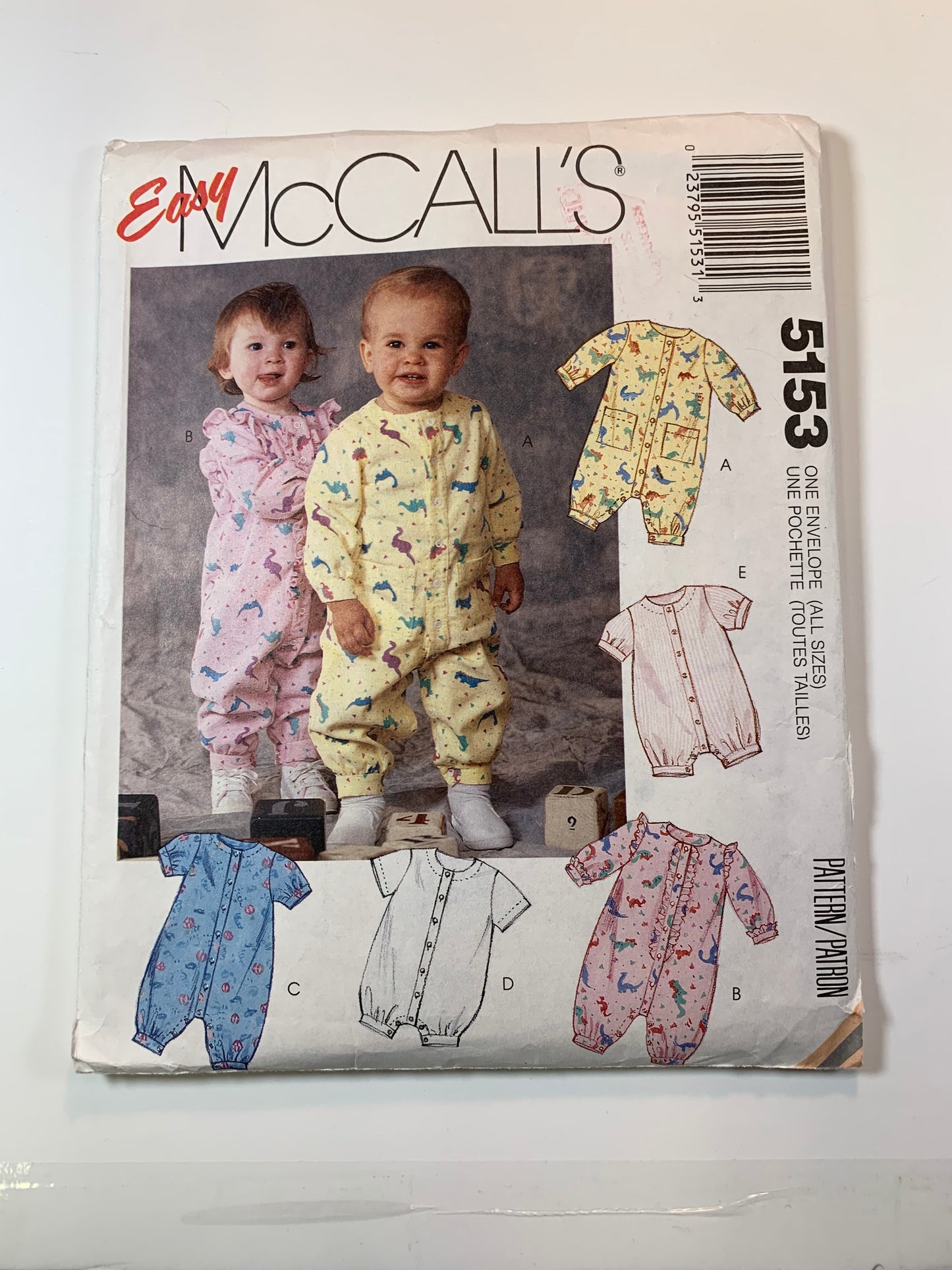 McCall's Sewing Pattern 5153 Infants' Rompers, Jumpsuits, Pockets, Snap Crotch, Size 14-32 Pounds, Cut, Vintage 1990