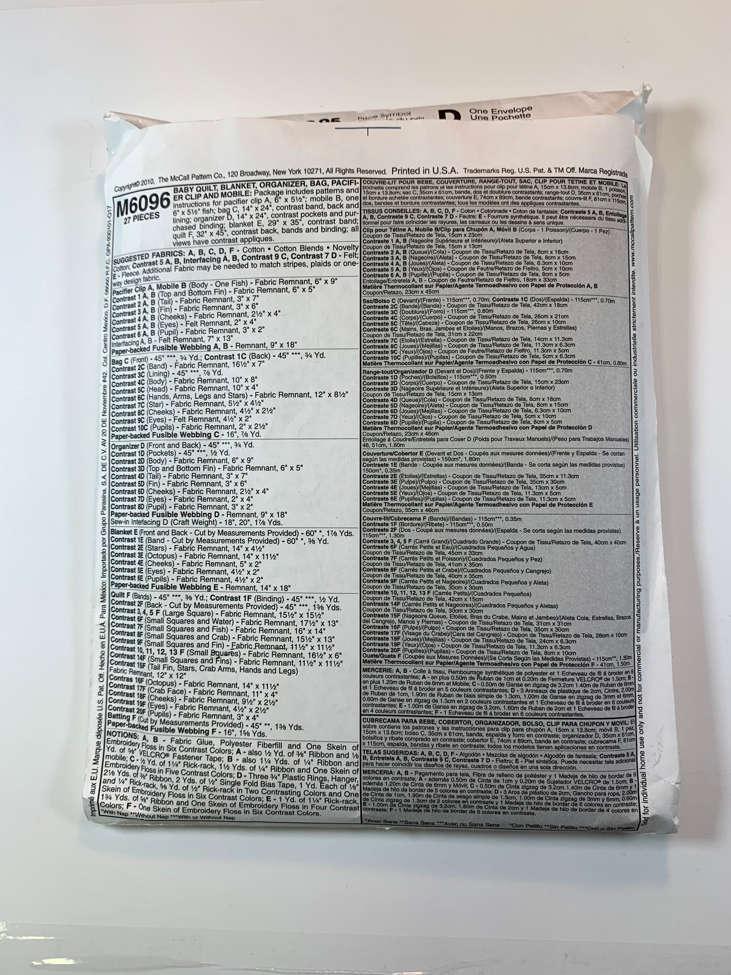 McCall's M6096 Home Decor Crafts, Baby Quilt, Blanket, Organizer, Bag, Pacifier Clip, Mobile, Uncut, 2010