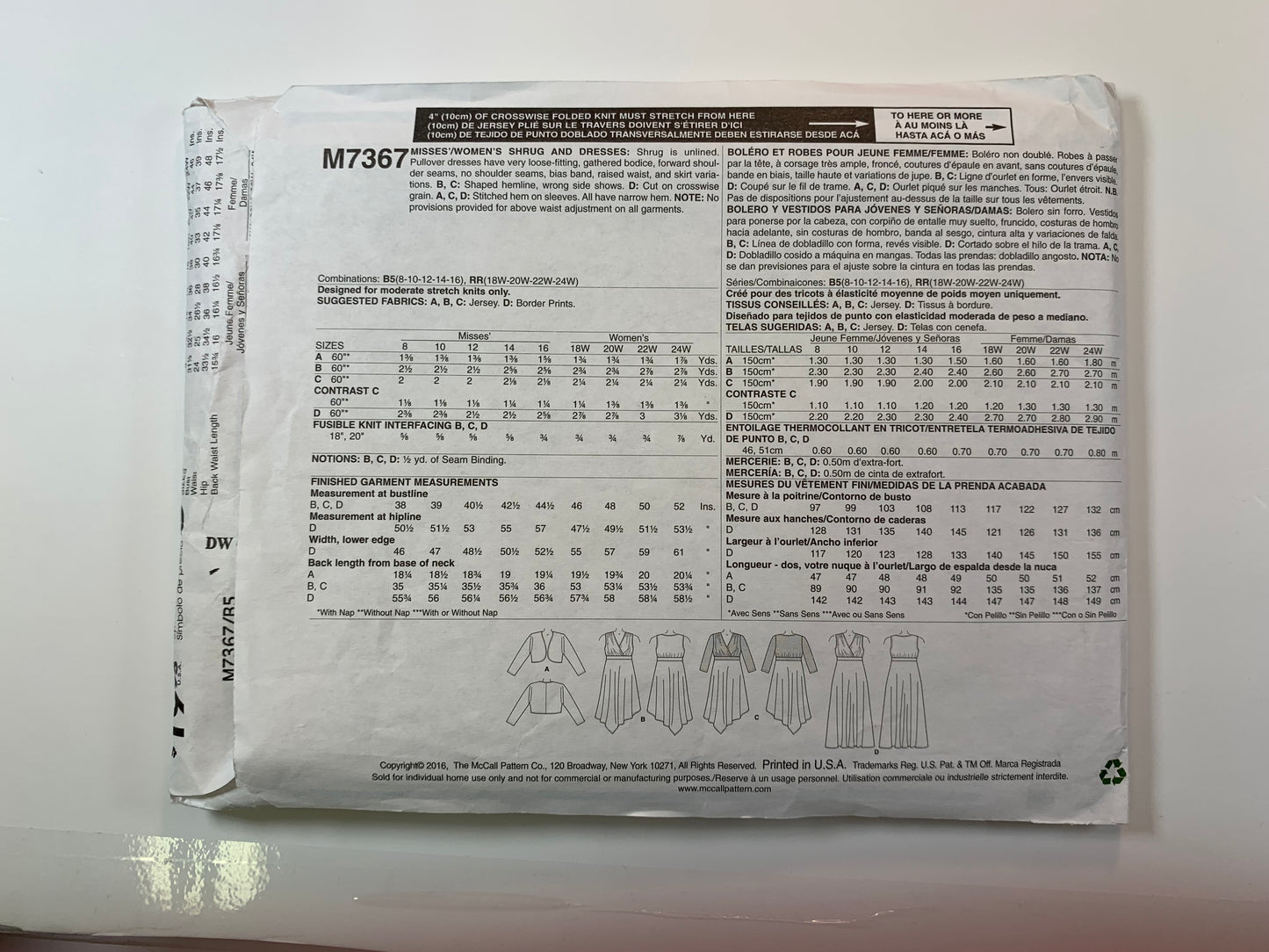 McCall's 7367 Misses' Dress. Shrug, Size 8-16, Cut, 2016