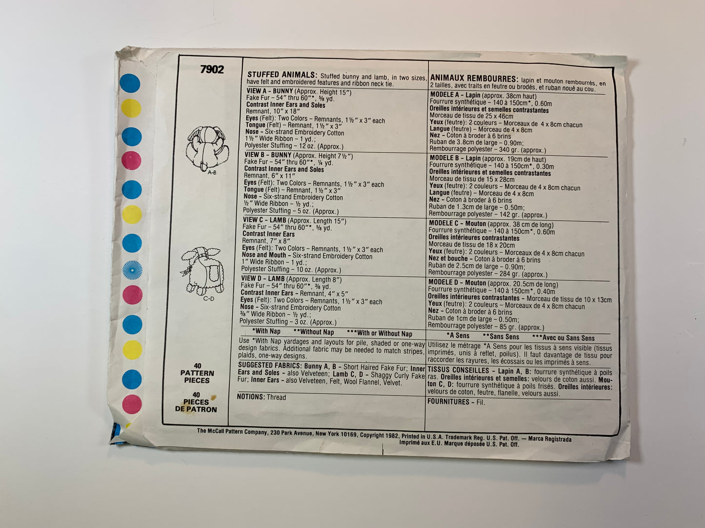 McCall's Crafts 7902 Stuffed Animals, Bunny, Lamb, Vintage 1982