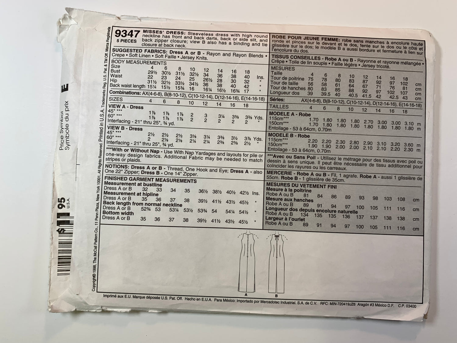 McCall's 9347 Misses' Dress. Size 14-18, Cut, Vintage 1998