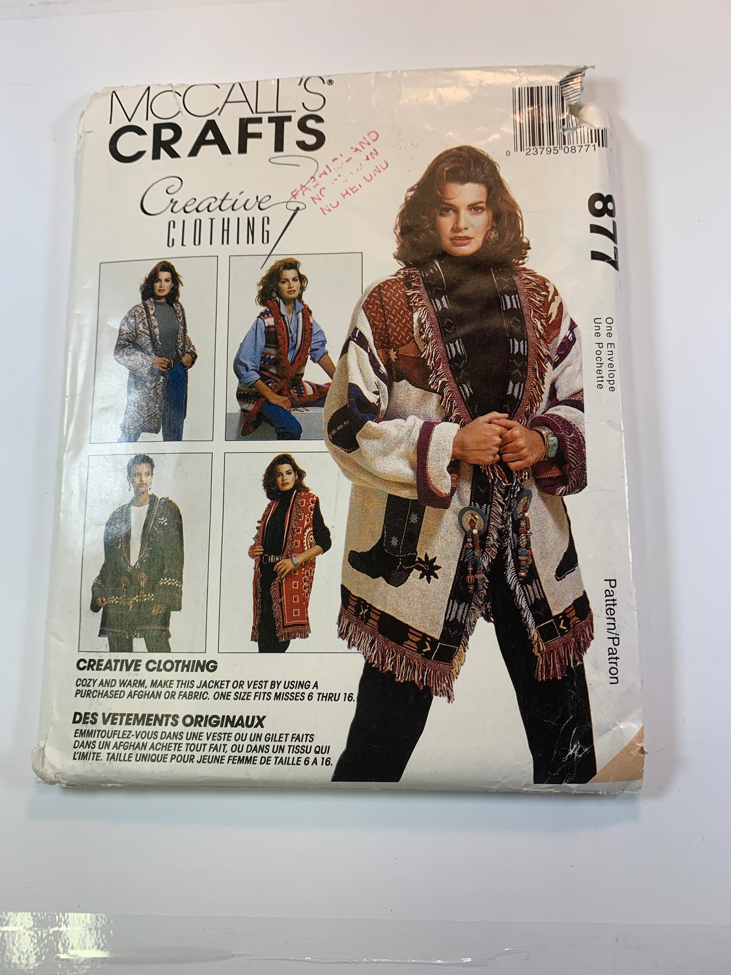 McCall's 877 Misses' Unlined Jacket/Vest, Size 6-16, Uncut, Vintage 1993