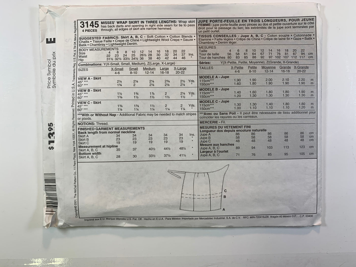 McCall's 3145 Wrap Skirt, Size 16-22, Uncut, 2001