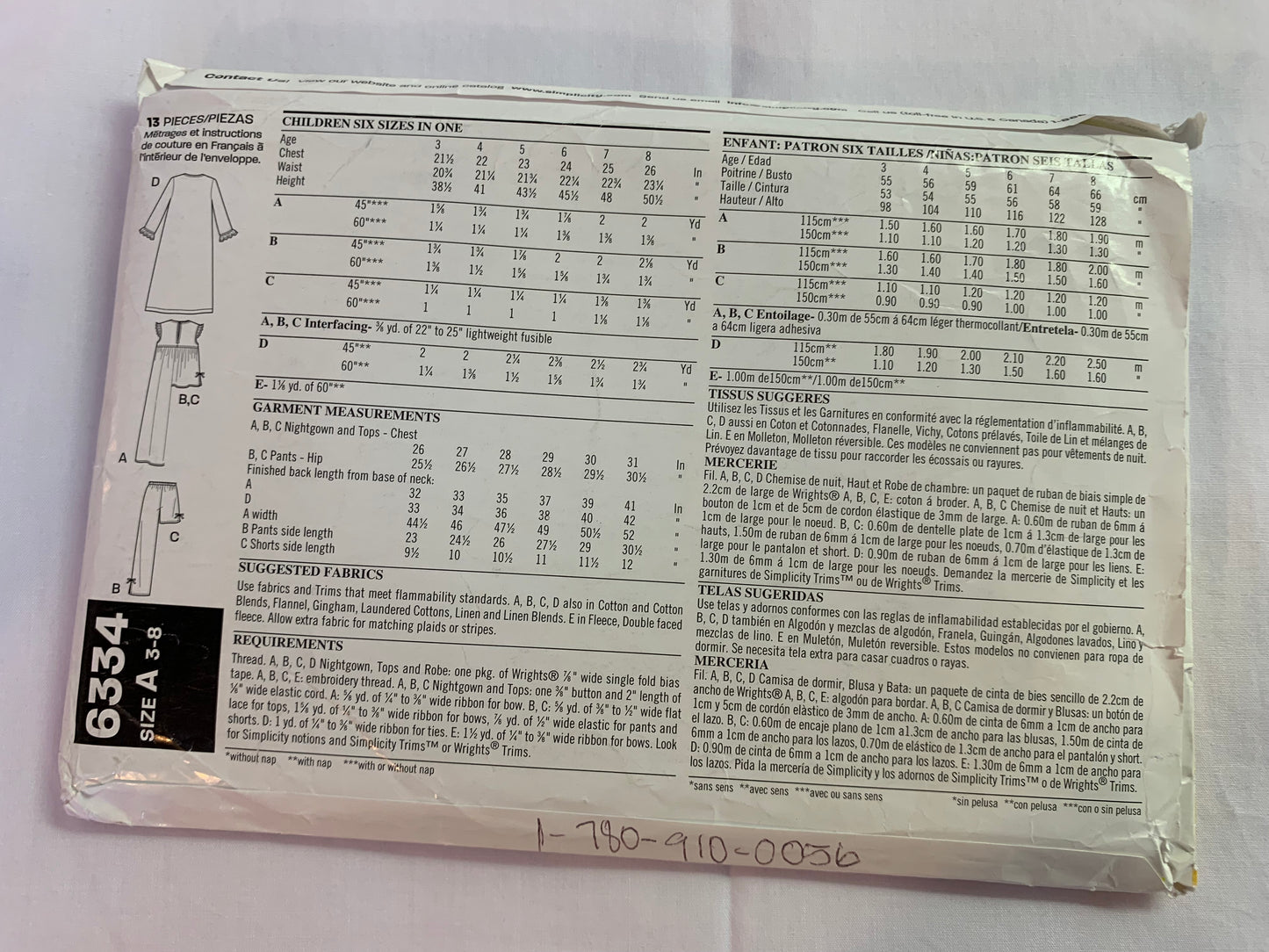 Simplicity New Look Sewing Pattern 6334 Toddlers' Girls' Pajamas, Top, Pants, Nightgown, Robe, Shorts, Size 3, Cut, 2003