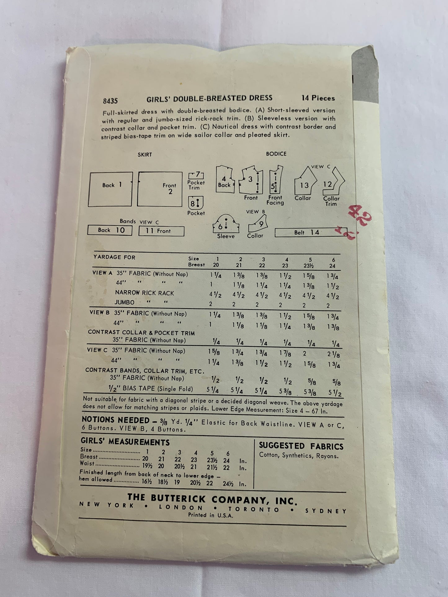 Butterick Sewing Pattern 8435 Girls' Dress, Full Skirt, Double Breast, Button Back, Short Sleeves,Sleeveless, Above Knee Length, Size 4, Cut, Vintage 1950