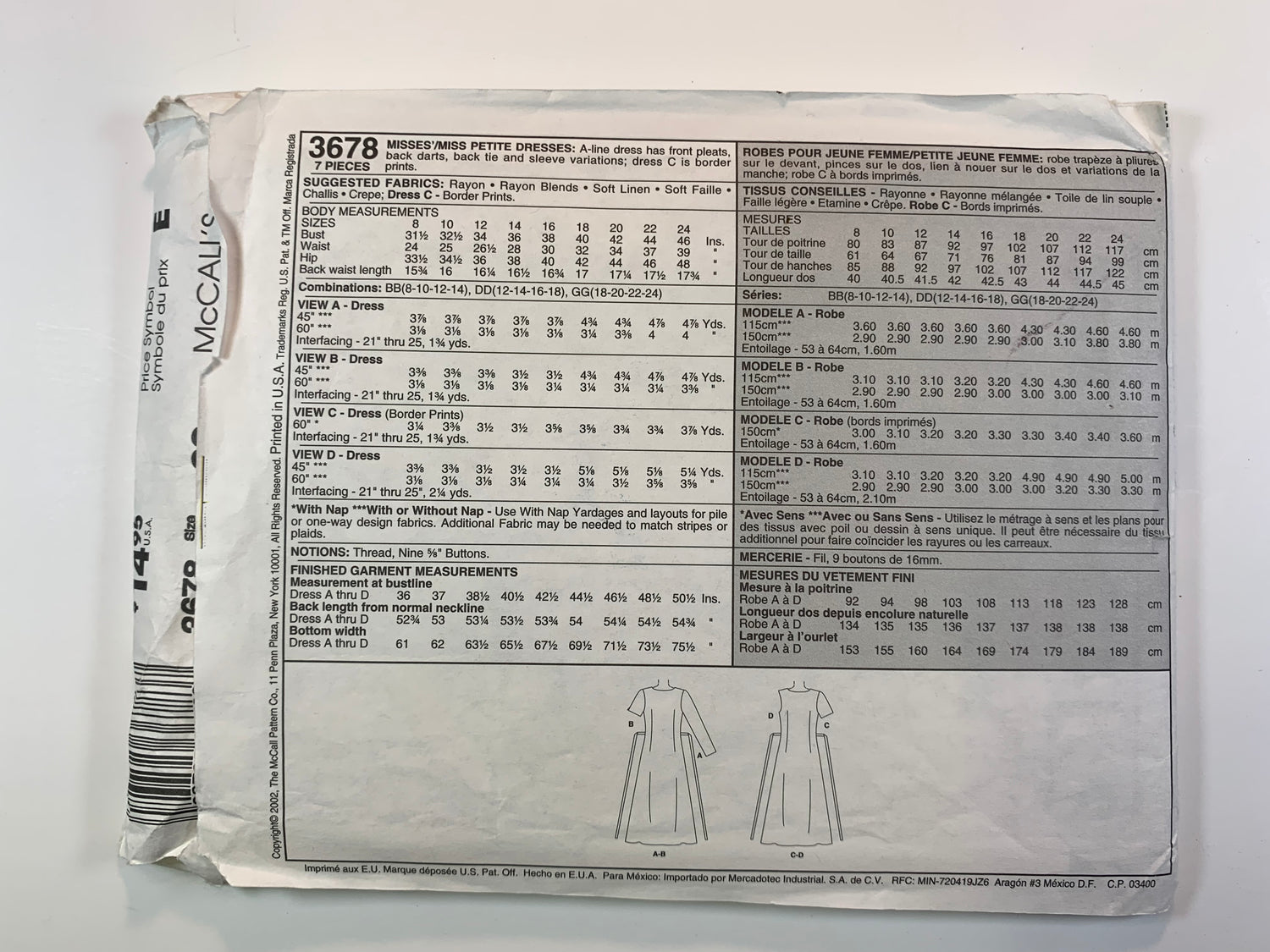McCall's 3678 Misses'/Miss Petite Dresses, Size 18-24, Cut, 2002