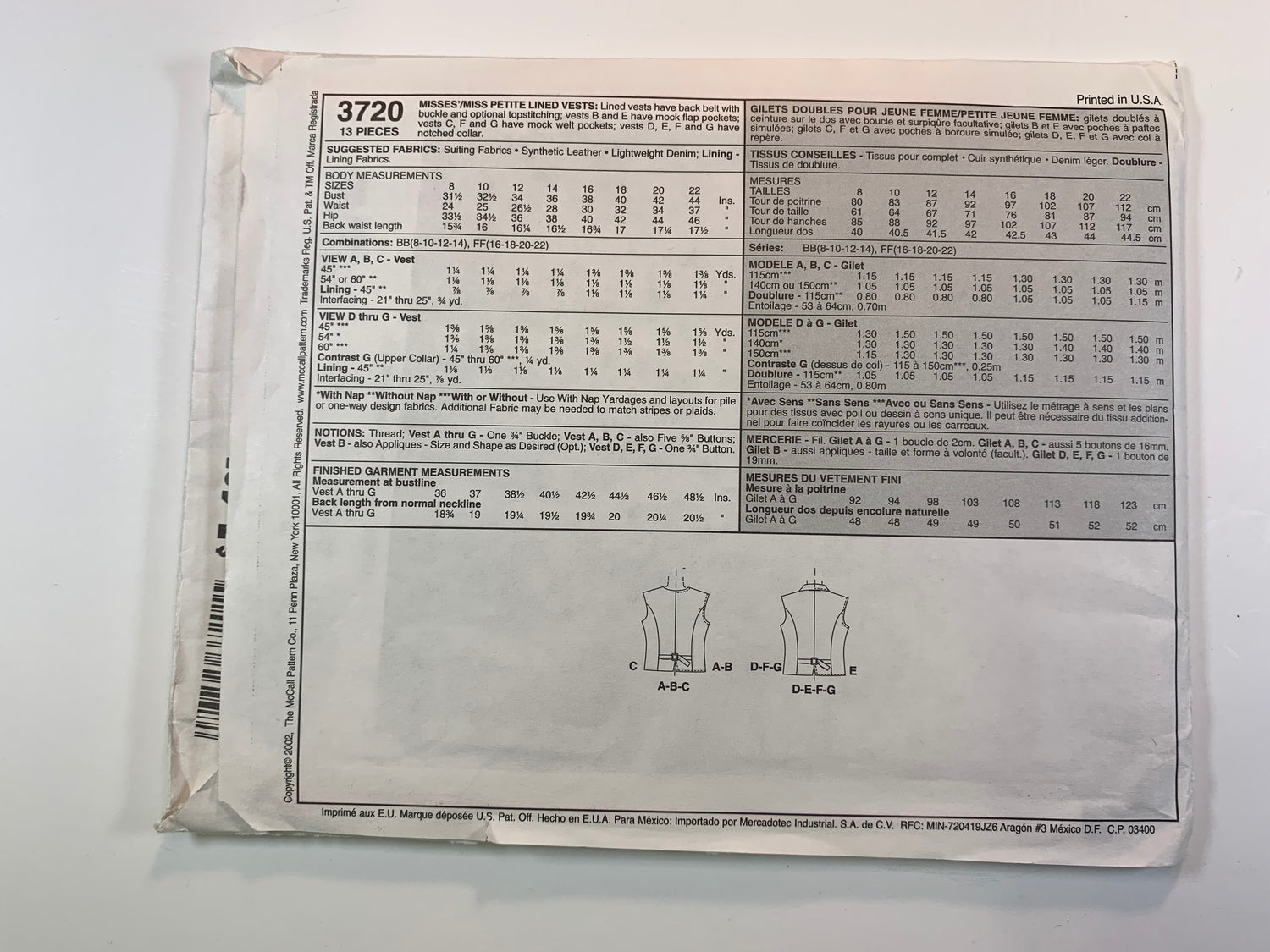 McCall's 3720 Misses'/Miss Petite Lined Vests, Size 8-14, Uncut, 2002