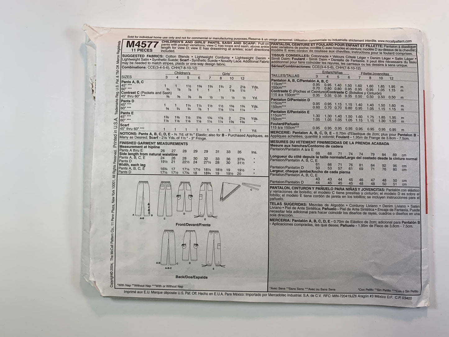 McCall's M4577 Pants, Scarf, Size 7-12, Uncut, 2004