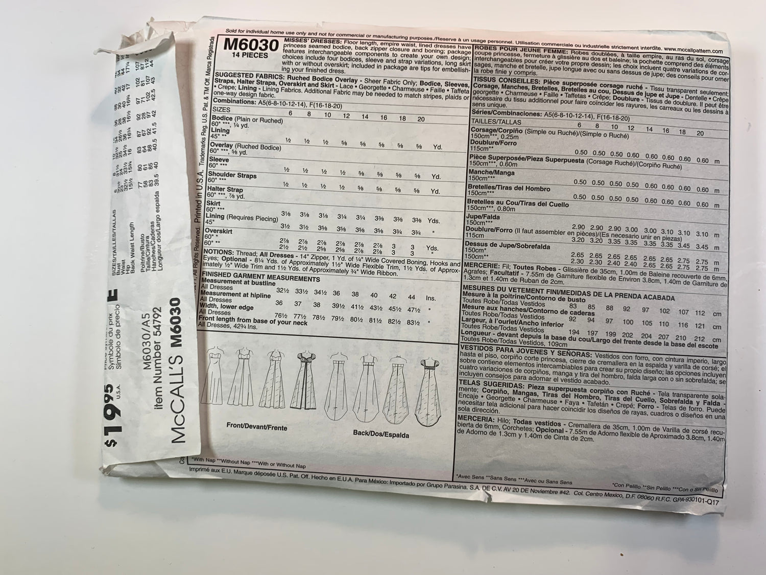 McCall's M6030 Misses' Gowns, Dresses, Size 6-14, Cut, 2010