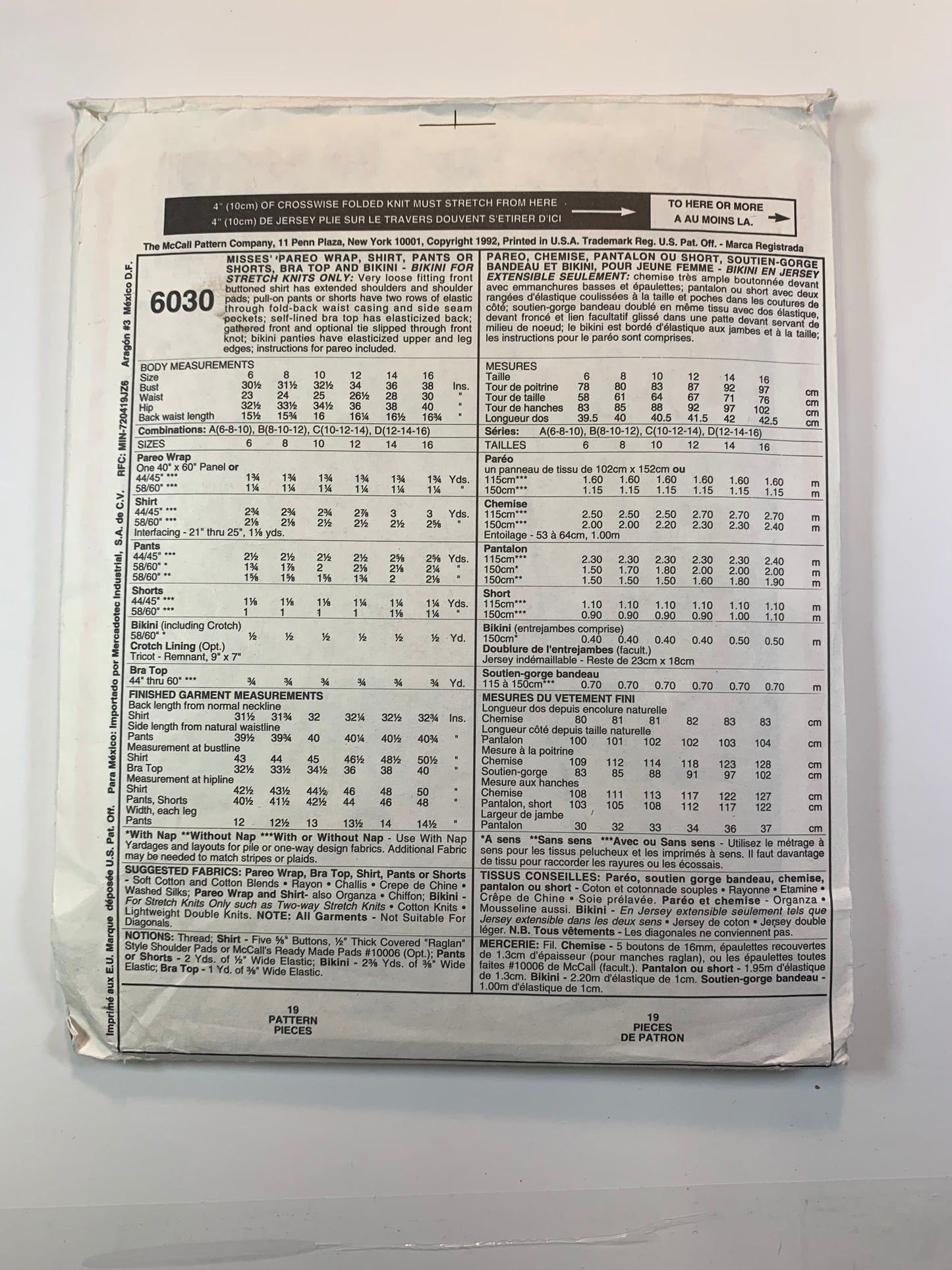 McCall's 6030 Misses' Bikini, Two-Piece Bathing Suits, Pareo, Wrap, Bra, Uncut, Size 10-14, Vintage 1992