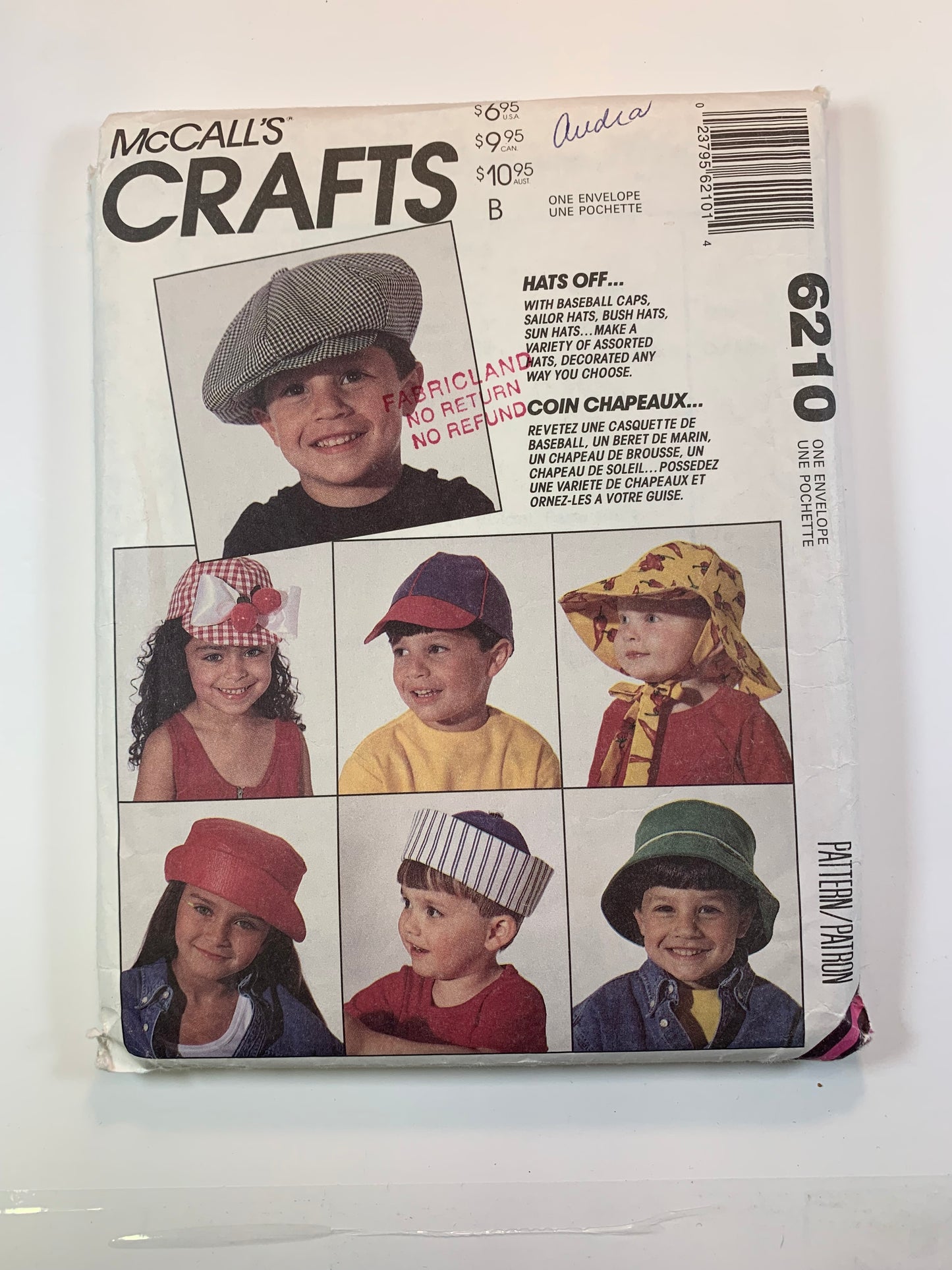 McCall's 6210 Children's Hats, Baseball, Sailor, Bush, Sun, Size S-L, Cut, Vintage 1996