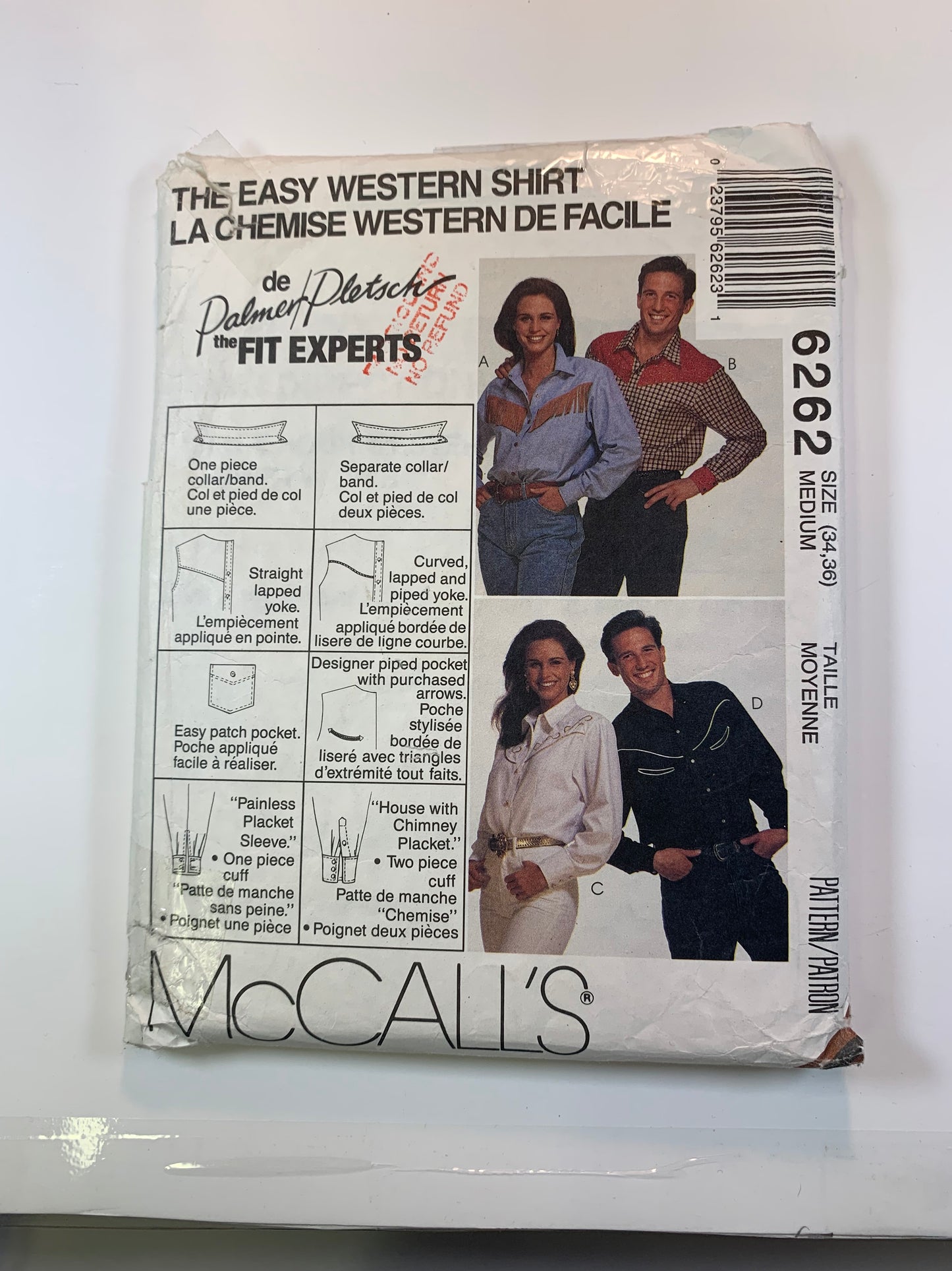 McCall's 6262 Misses' Men's Western Shirts, Size 34-36, Cut, Vintage 1992