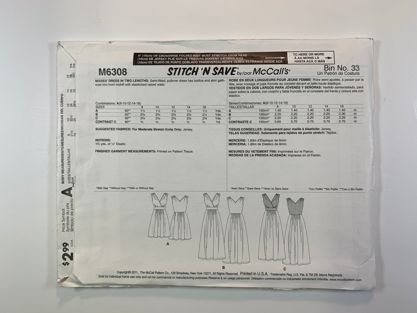 McCall's Stitch 'N Save M6308 Misses' Dresses, Size 8-16, Cut, 2011