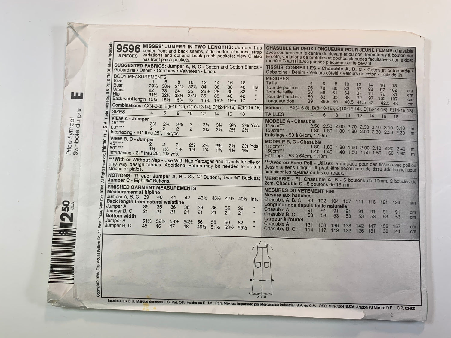 McCall's 9596 Misses' Jumper, Size 8-12,Uncut, Vintage 1998