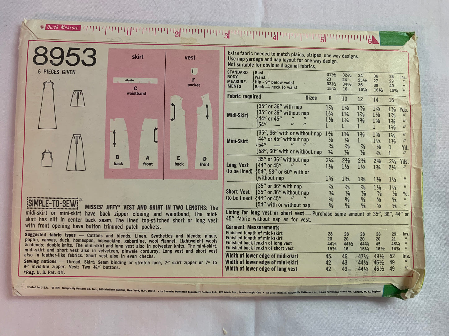 Simplicity Jiffy Sewing Pattern 8953 Misses' Vest, Skirt, Two Lengths, Mini Skirt, Pockets, Size 14, CutVintage 1970