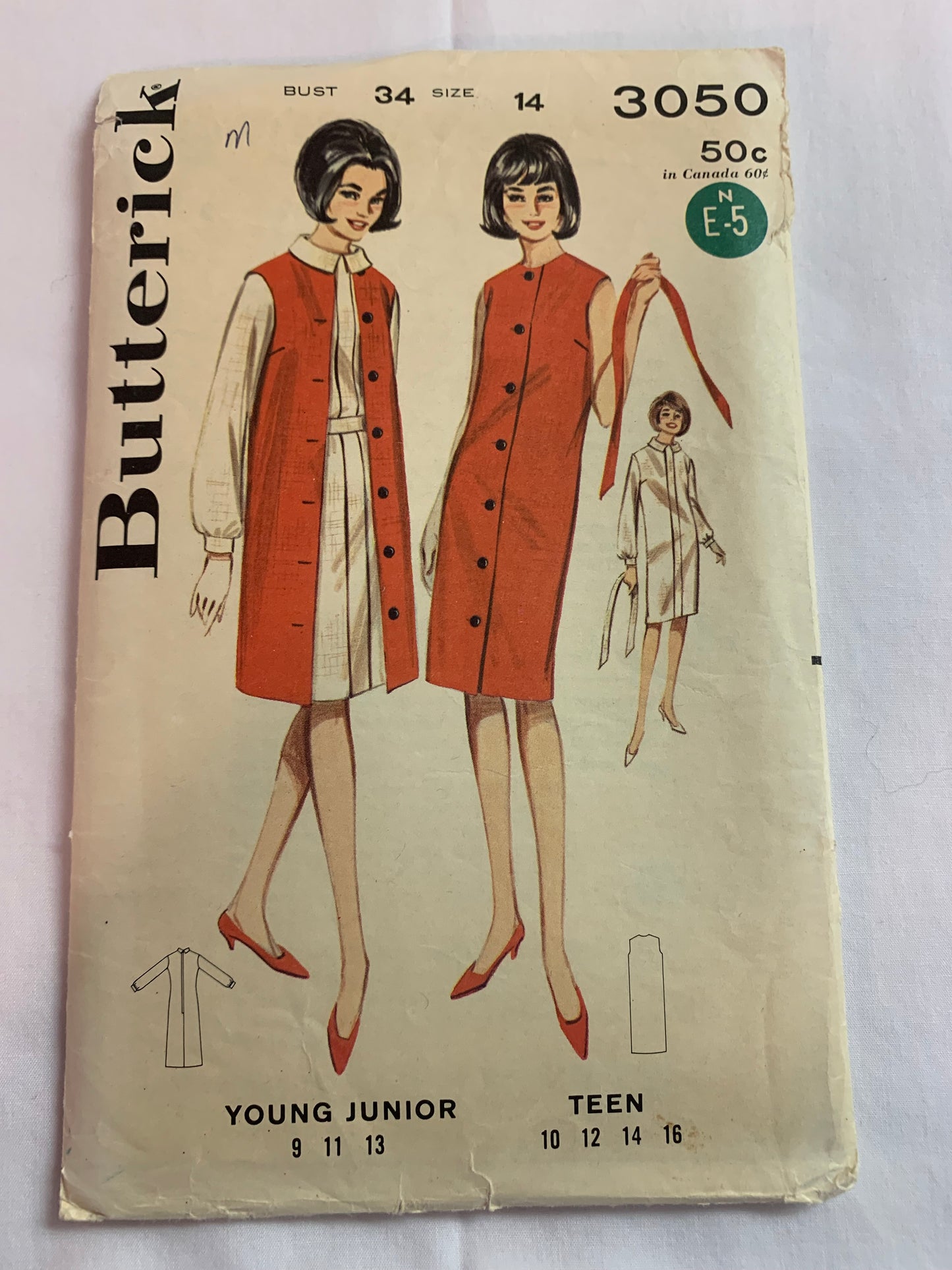 Butterick Sewing Pattern 3050 Misses'/Teen Dress, Coat, Johnny Collar, Long Sleeves, Button Front, Tie Belt, Size 14, Cut, Vintage 1960