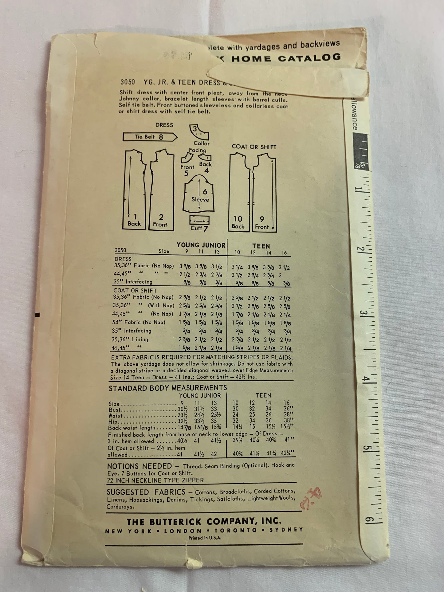 Butterick Sewing Pattern 3050 Misses'/Teen Dress, Coat, Johnny Collar, Long Sleeves, Button Front, Tie Belt, Size 14, Cut, Vintage 1960