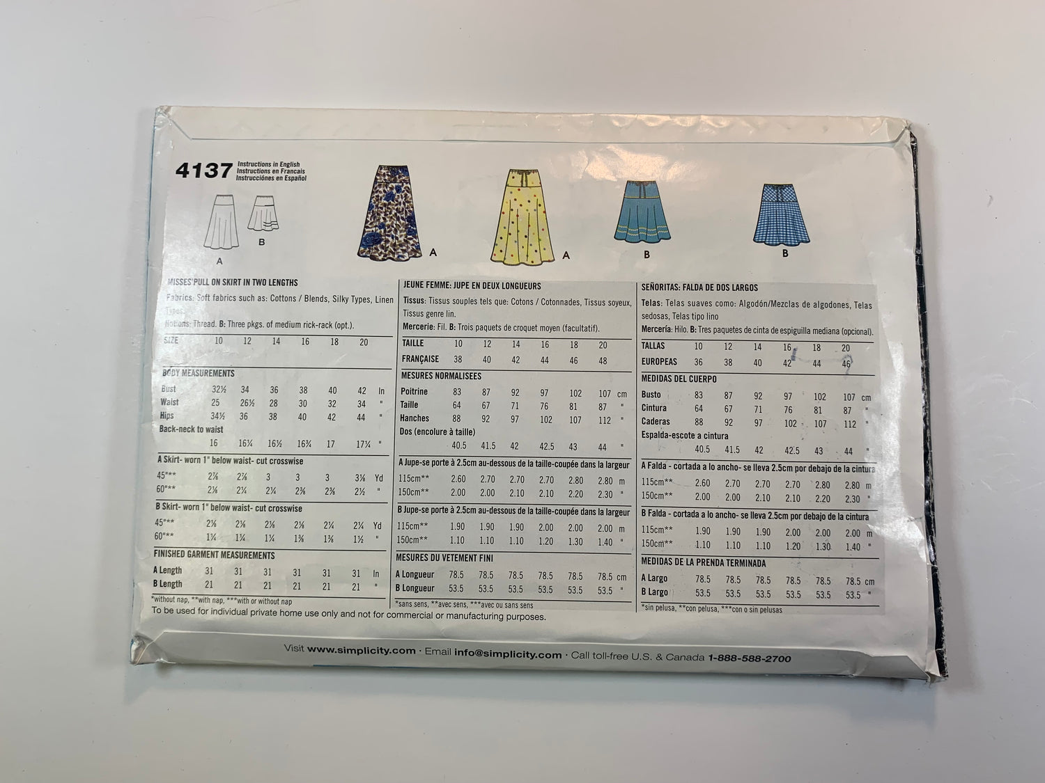 Simplicity 4137 Misses' Skirts, Size 10-20, Uncut, 2006