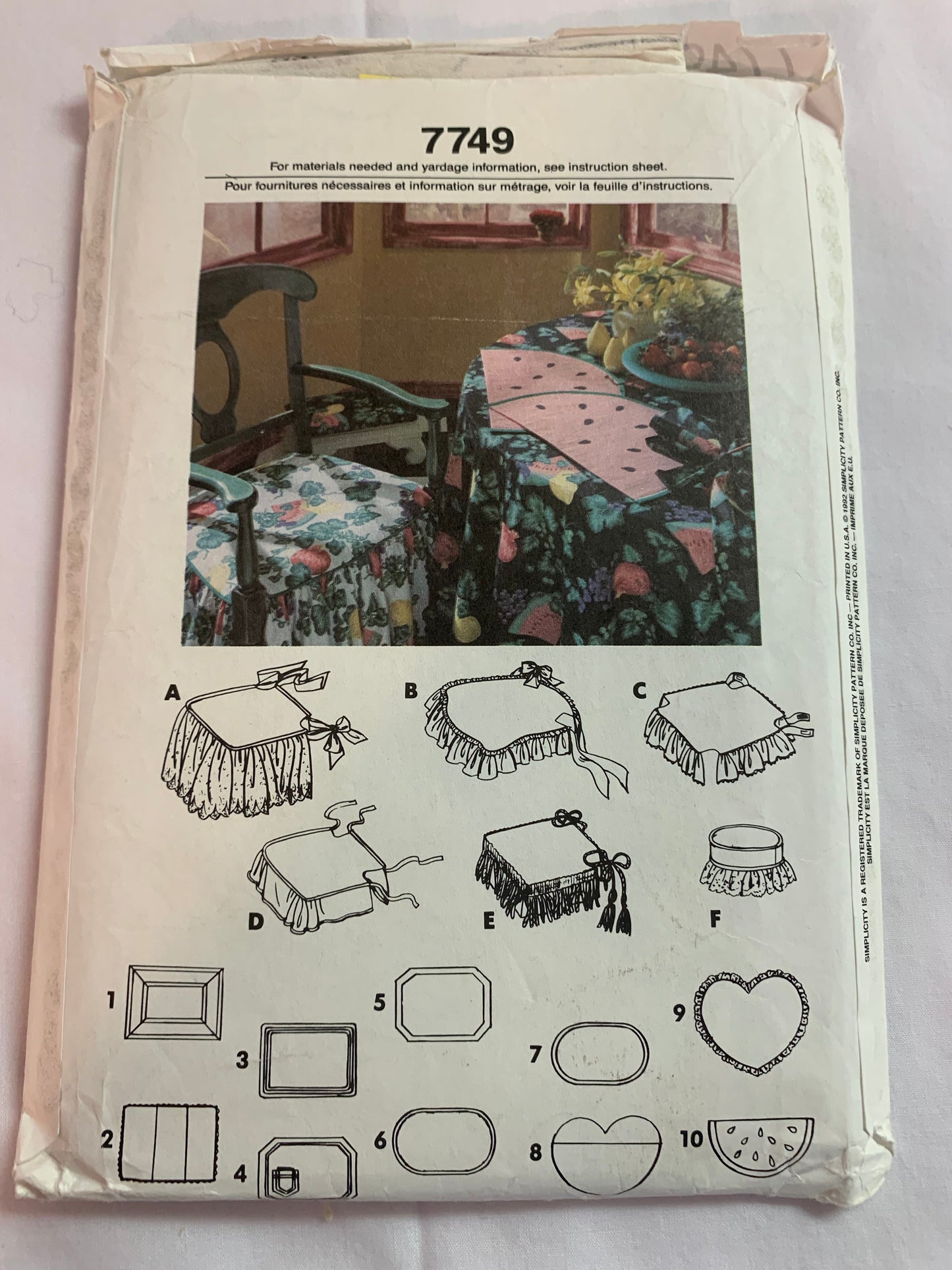 Simplicity Sewing Pattern 7749, Crafts, 6 Chair Covers, 10 Placemats, Ties, Ruffles, Varies Shapes, Uncut, Vintage 1992