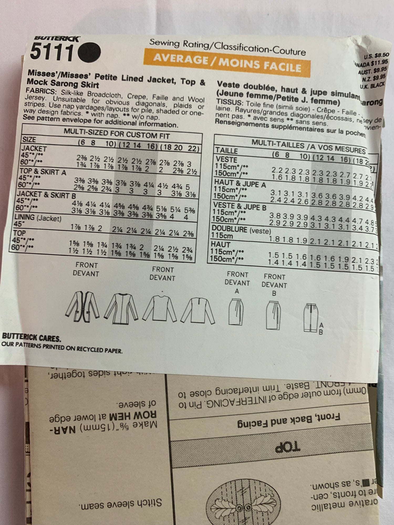 Butterick Richard Warren Sewing Pattern 5111 Misses'/Misses' Petite Lined Jacket, Top, Mock Sarong Skirt, Long Sleeves, Size 6-10, Uncut, Vintage 1996