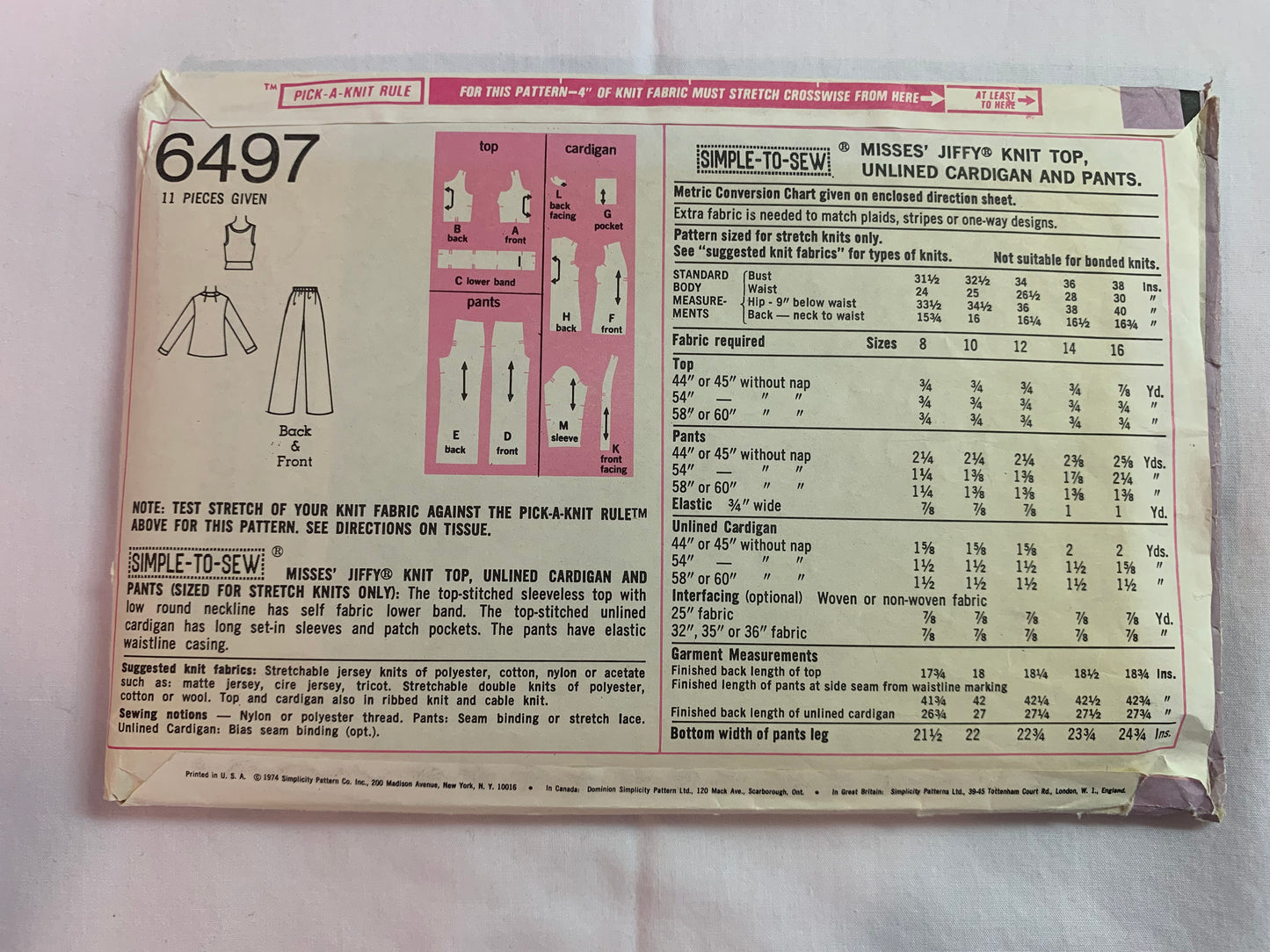 Simplicity Jiffy Sewing Pattern 6497 Misses' Top, Unlined Cardigan, Pants, Stretch Knits Only, Sleeveless, Long Sleeves, Size 14, Vintage 1974