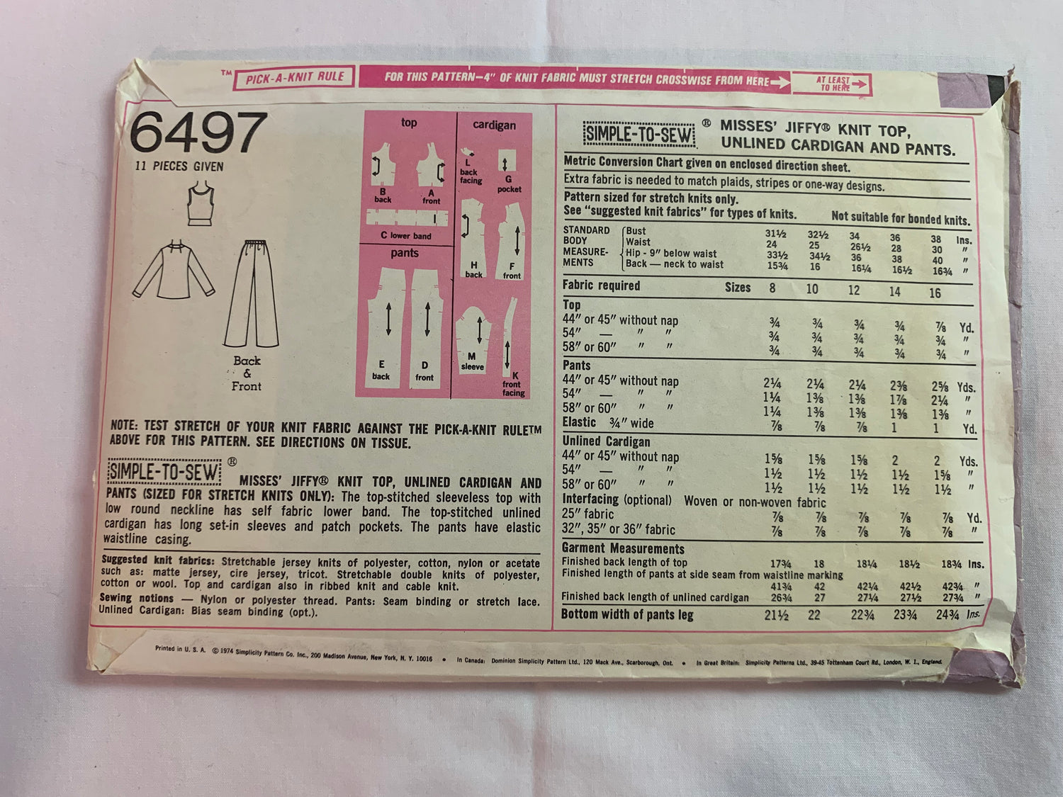 Simplicity Jiffy Sewing Pattern 6497 Misses' Top, Unlined Cardigan, Pants, Stretch Knits Only, Sleeveless, Long Sleeves, Size 14, Vintage 1974
