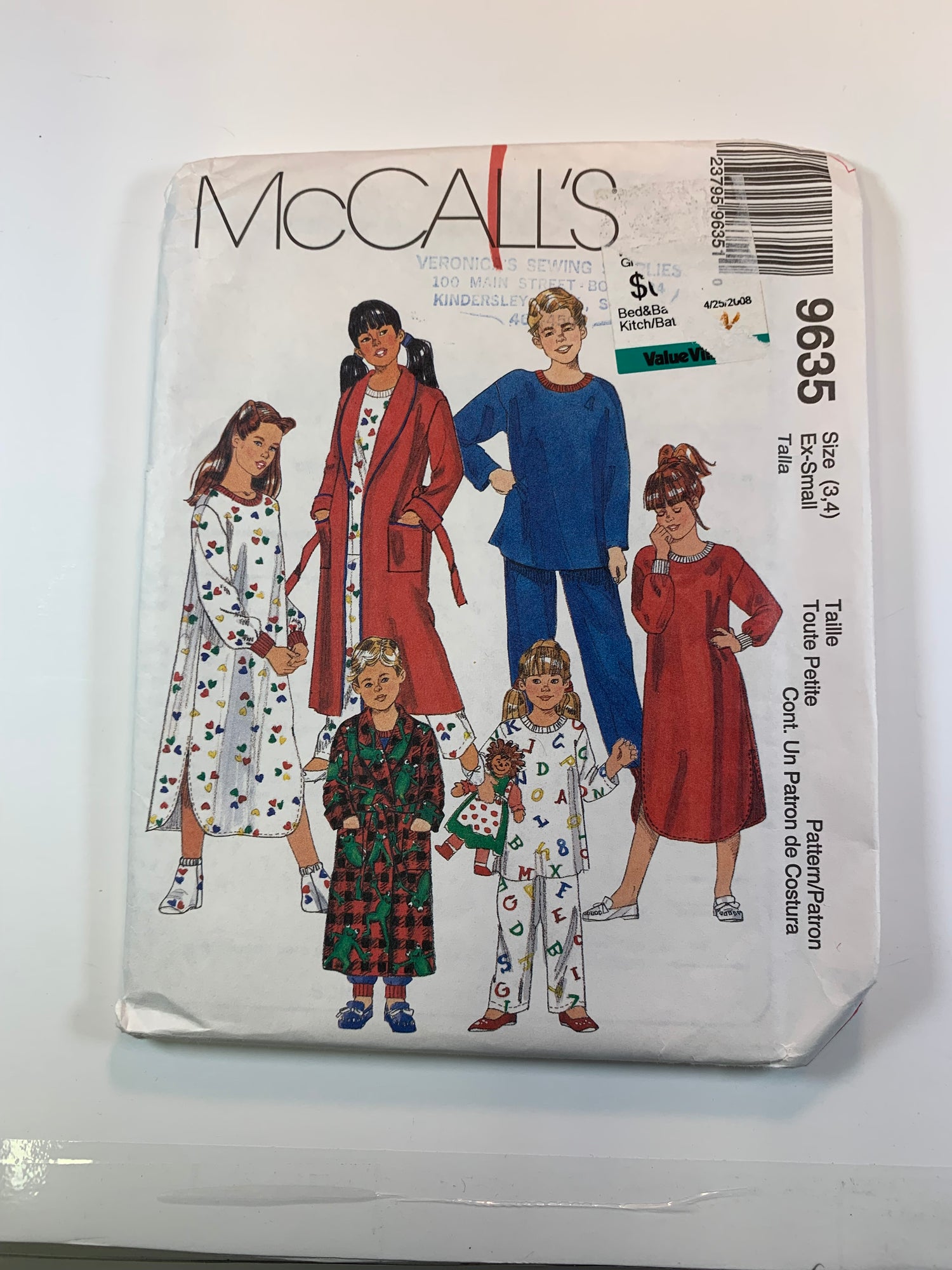 McCall's 9635 Boys' Girls' Robe, Tie Belt, Sleepwear, Pajamas, Top, Pants, Nightshirt, Booties, Size 3-4, Uncut, Vintage 1998