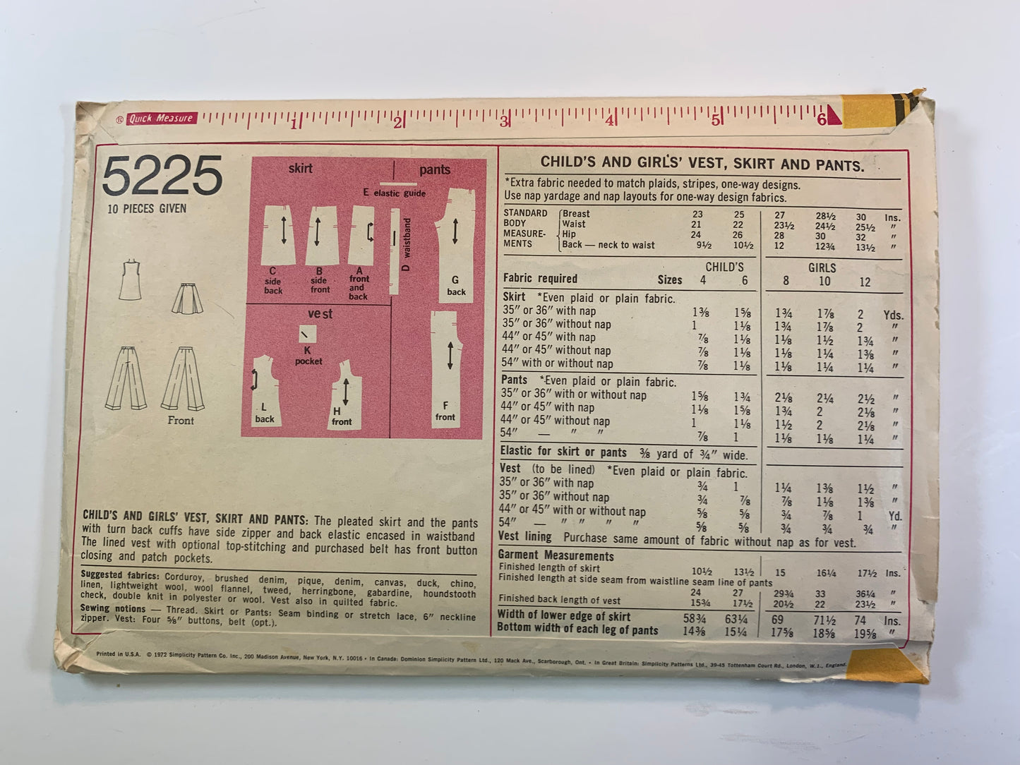 Simplicity 5225 Girls' Vest, Pants, Skirt, Size 10, Uncut, Vintage 1972