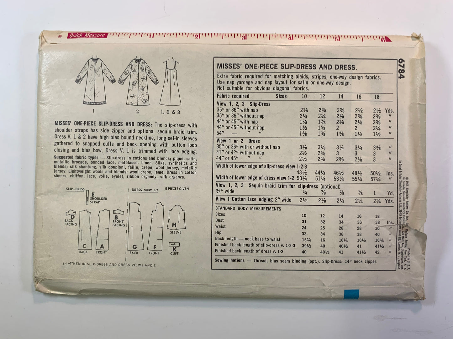 Simplicity 6784 Misses' Dress, Slip Dress, Size14, Uncut, Vintage 1966