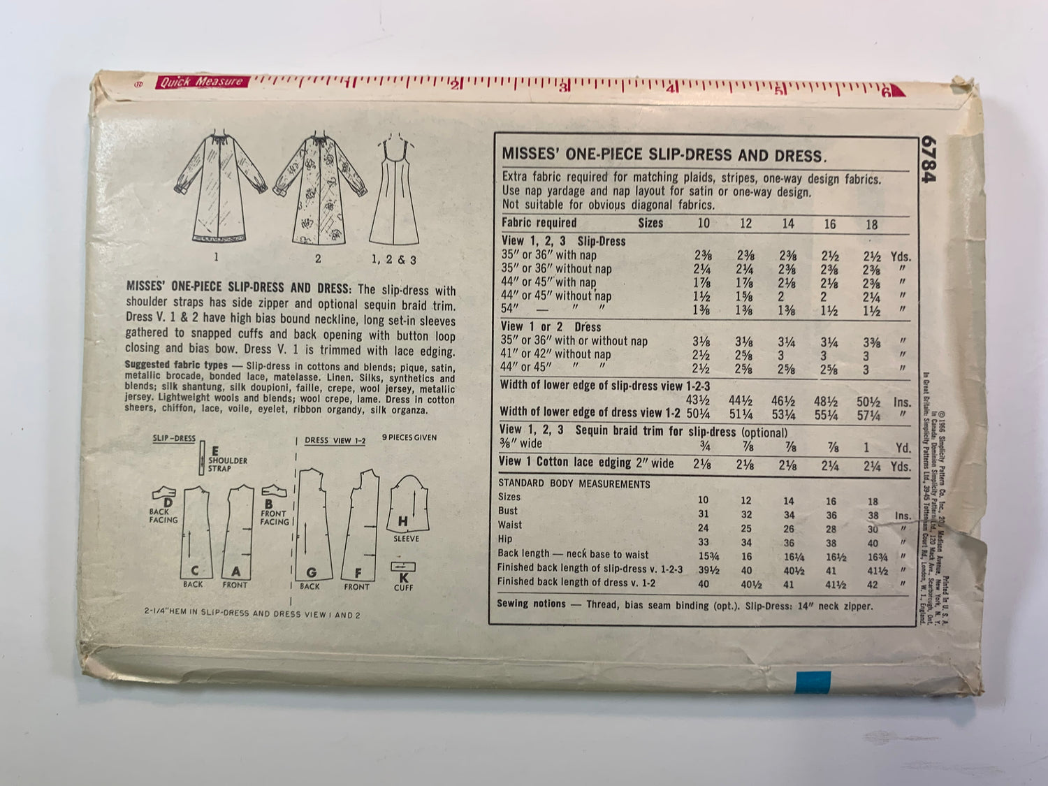 Simplicity 6784 Misses' Dress, Slip Dress, Size14, Uncut, Vintage 1966