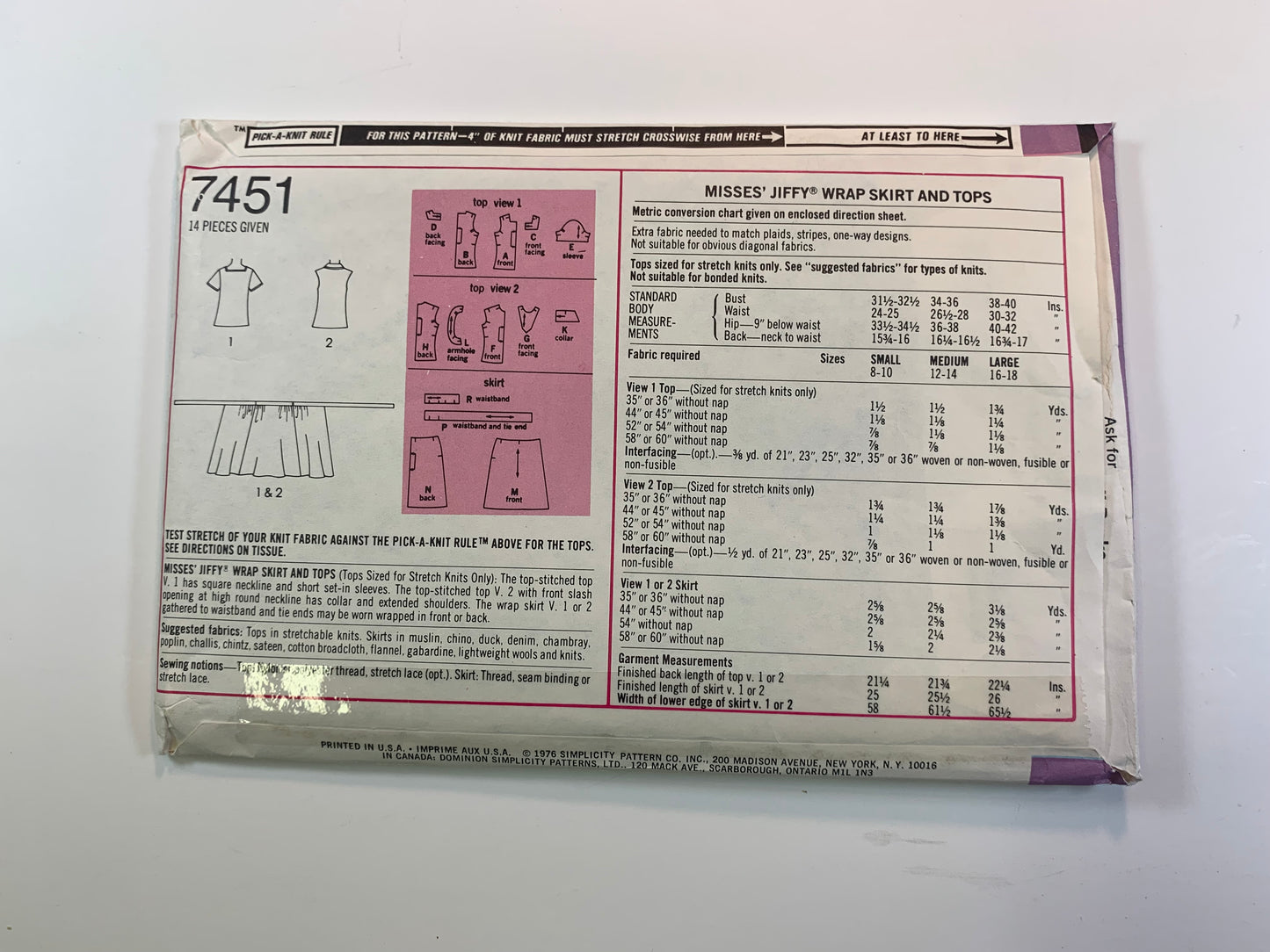 Simplicity 7451 Jiffy Misses' Wrap Skirt, Tops, Size 10-1, Uncut, Vintage 1976