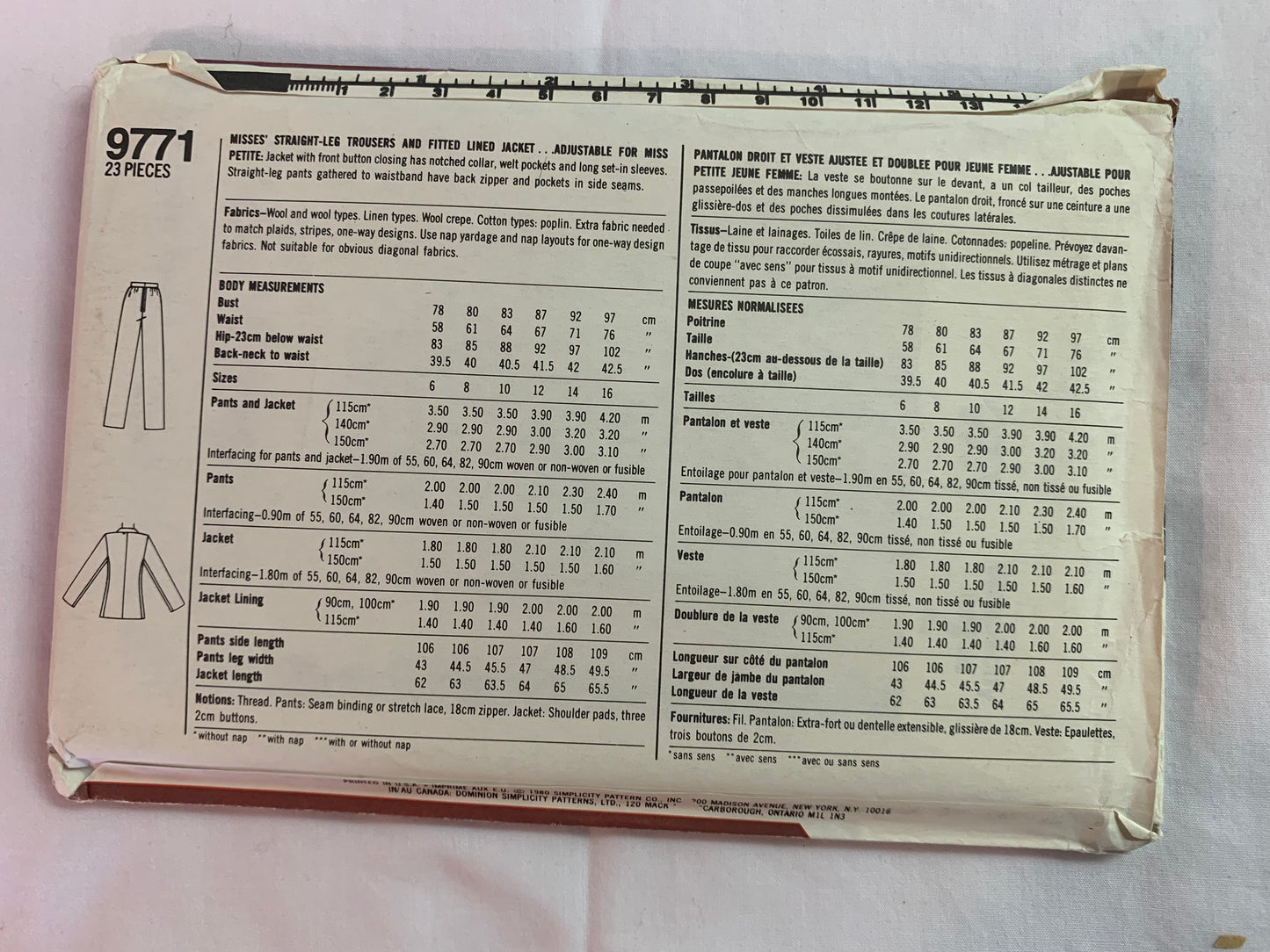 Simplicity 9771 Misses'/Misses' Petite Pants, Fitted Lined Jacket, Zipper Back, Pockets, Collar, Size 10, Uncut, Vintage 1980