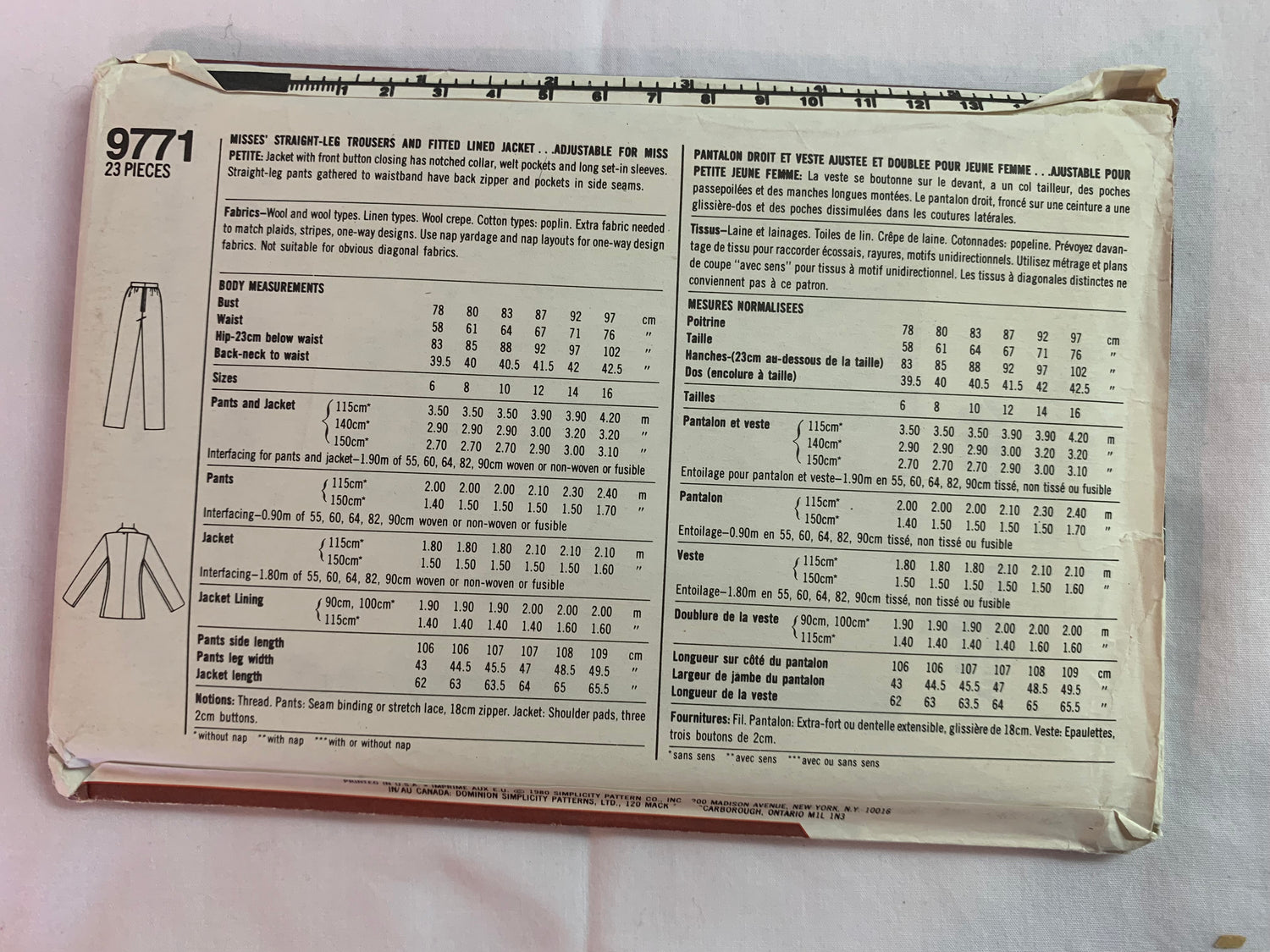 Simplicity 9771 Misses'/Misses' Petite Pants, Fitted Lined Jacket, Zipper Back, Pockets, Collar, Size 10, Uncut, Vintage 1980
