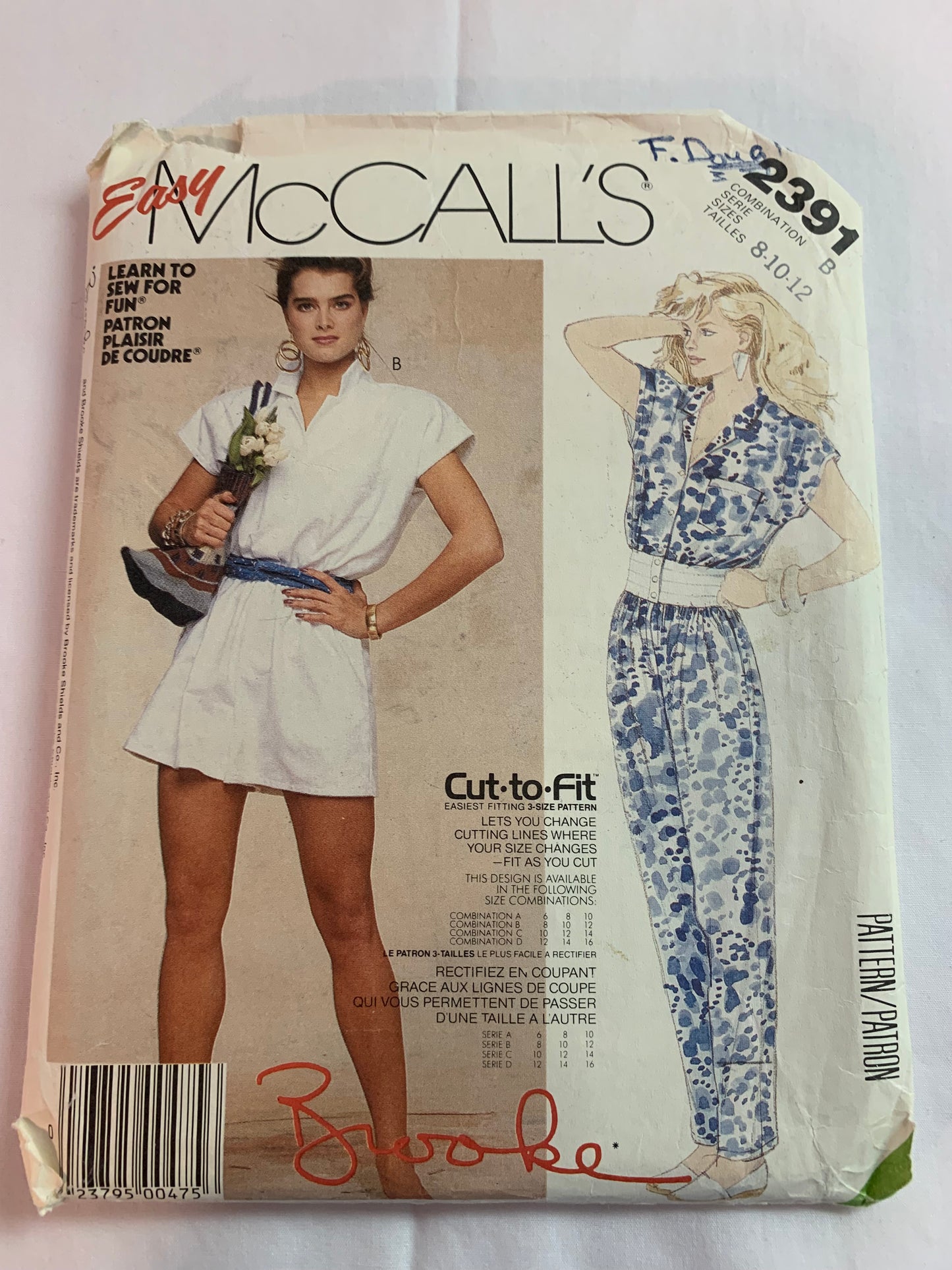 McCall's Sewing Pattern 2391 Misses' Jumpsuit, Sleeveless, Pockets, Two Lengths, Shoulder Pads, Size 8-12, Uncut, Vintage 1986